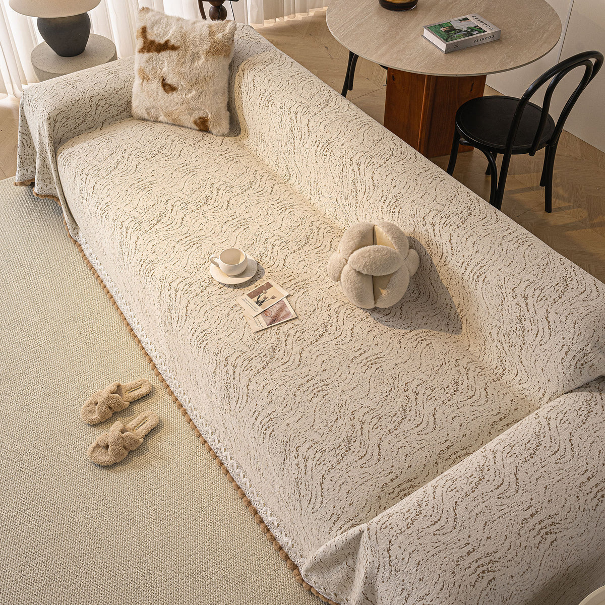 Luxury Elegant Chenille Sofa Throw Cover with Floral Embroidered Lace & Pom-Pom Trim