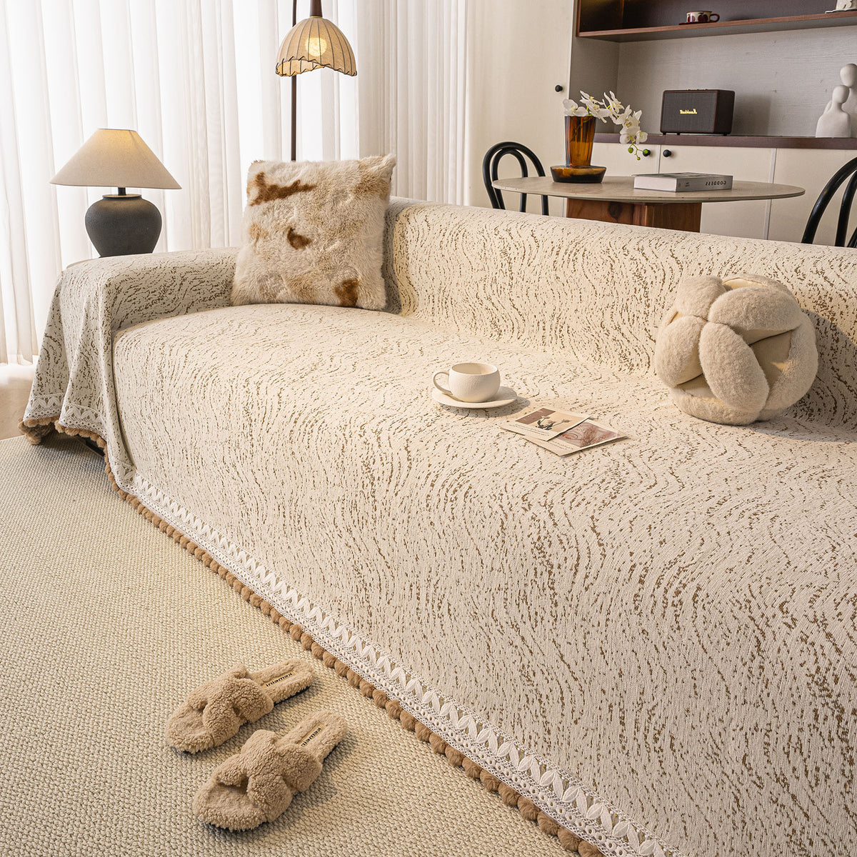 Luxury Elegant Chenille Sofa Throw Cover with Floral Embroidered Lace & Pom-Pom Trim