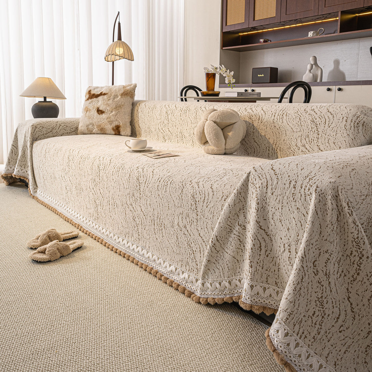 Luxury Elegant Chenille Sofa Throw Cover with Floral Embroidered Lace & Pom-Pom Trim