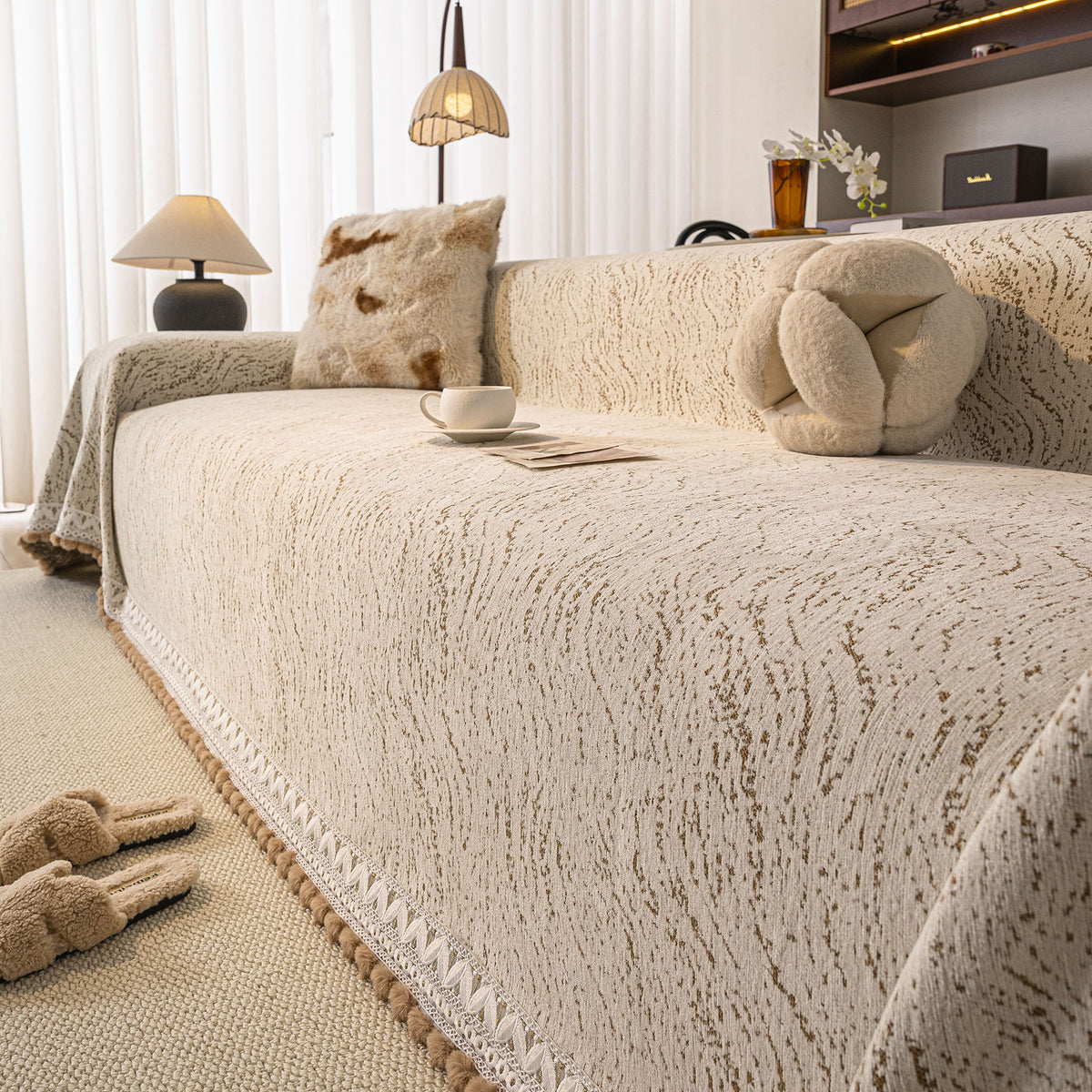 Luxury Elegant Chenille Sofa Throw Cover with Floral Embroidered Lace & Pom-Pom Trim