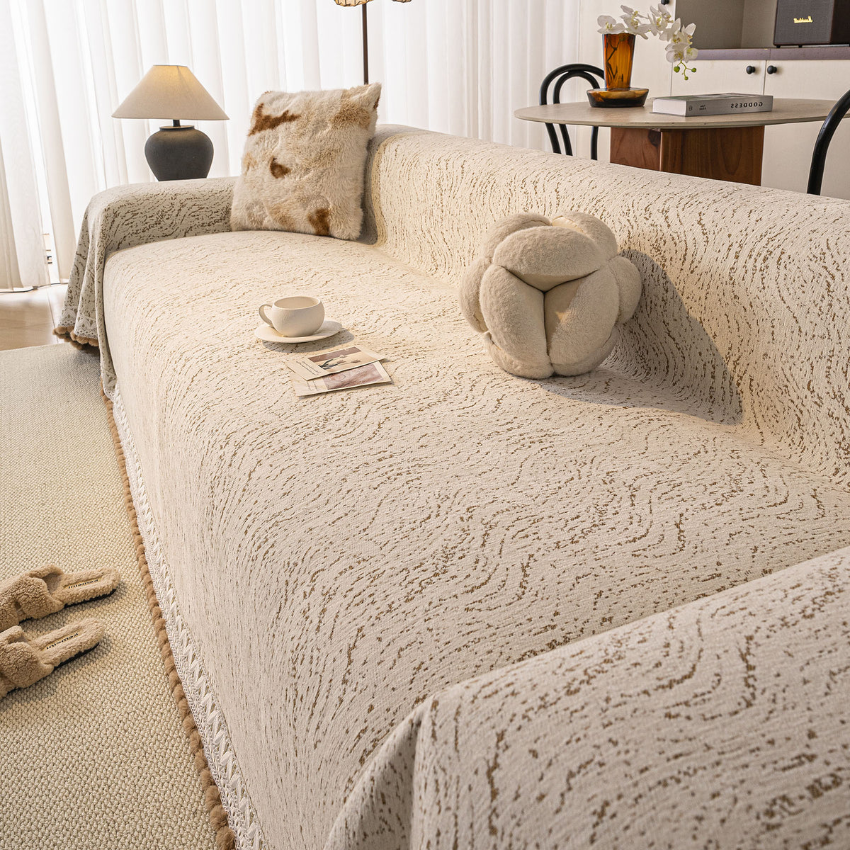 Luxury Elegant Chenille Sofa Throw Cover with Floral Embroidered Lace & Pom-Pom Trim