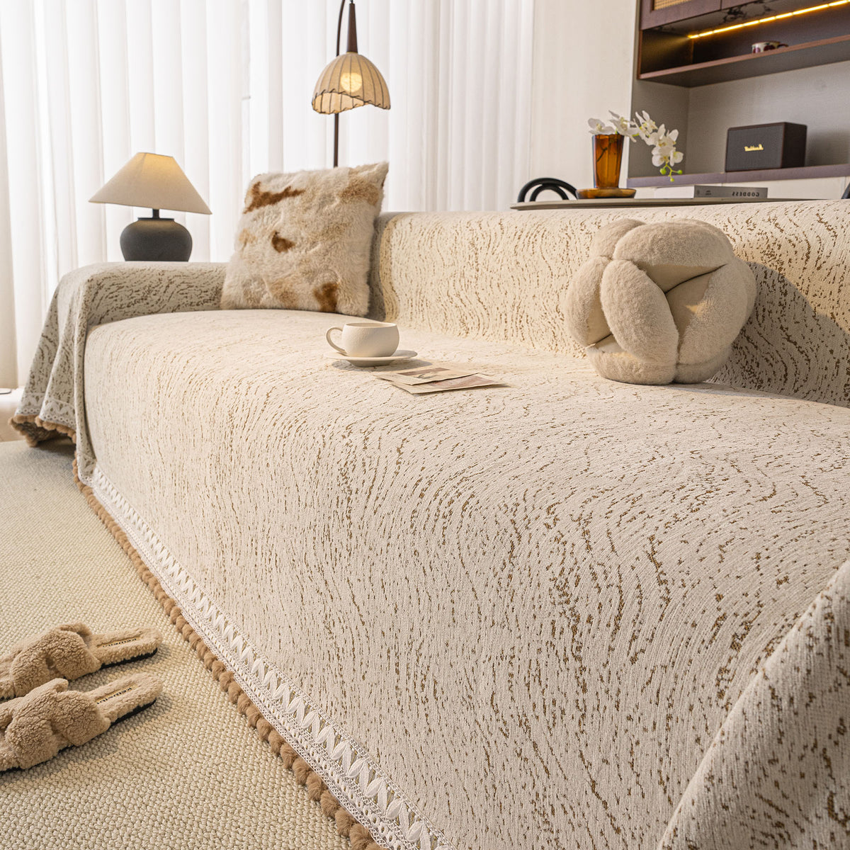 Luxury Elegant Chenille Sofa Throw Cover with Floral Embroidered Lace & Pom-Pom Trim