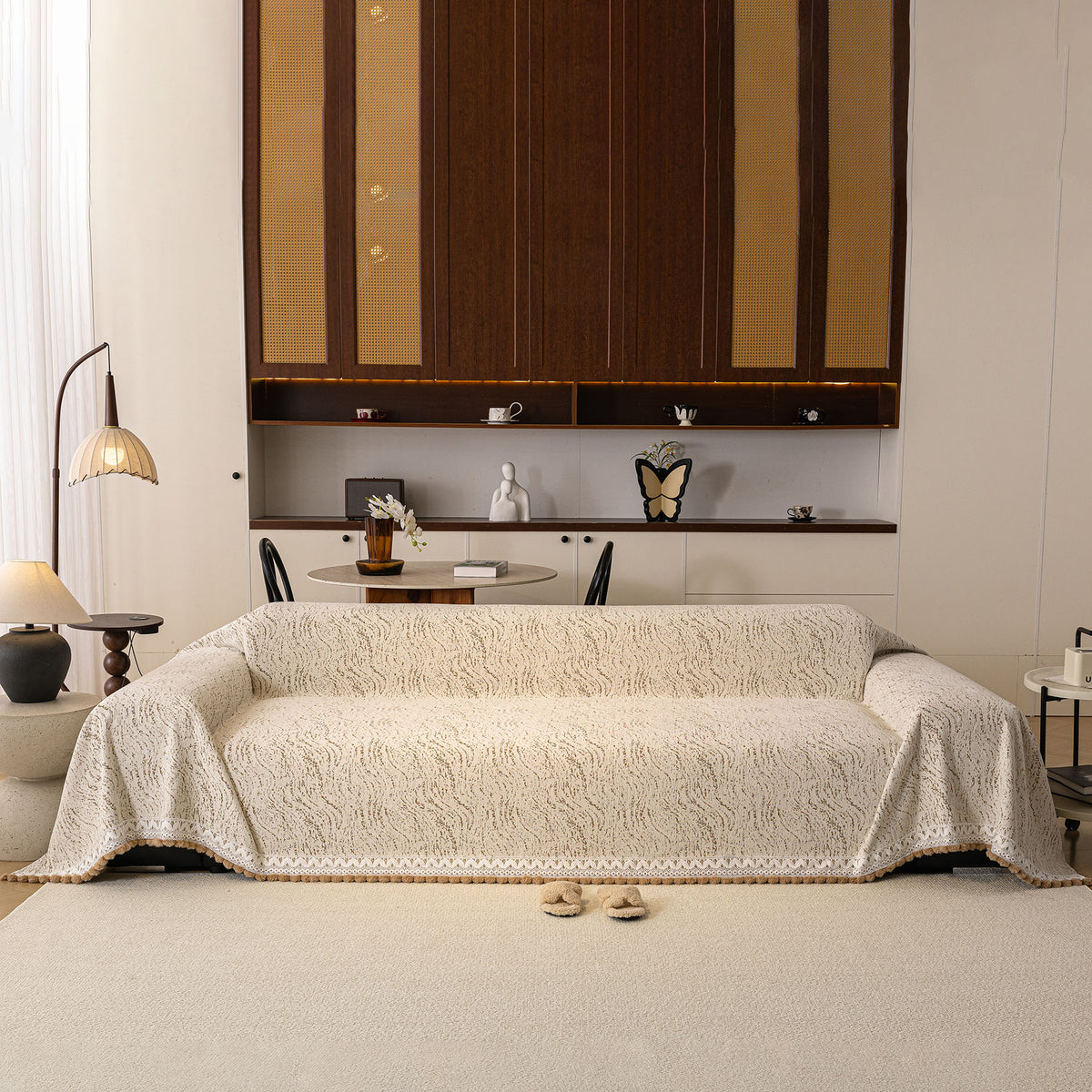 Luxury Elegant Chenille Sofa Throw Cover with Floral Embroidered Lace & Pom-Pom Trim