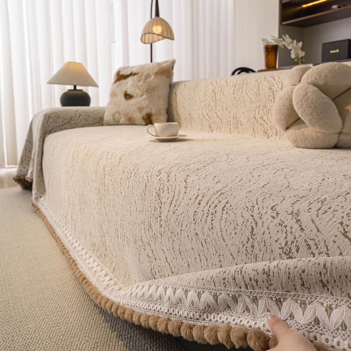 Luxury Elegant Chenille Sofa Throw Cover with Floral Embroidered Lace & Pom-Pom Trim