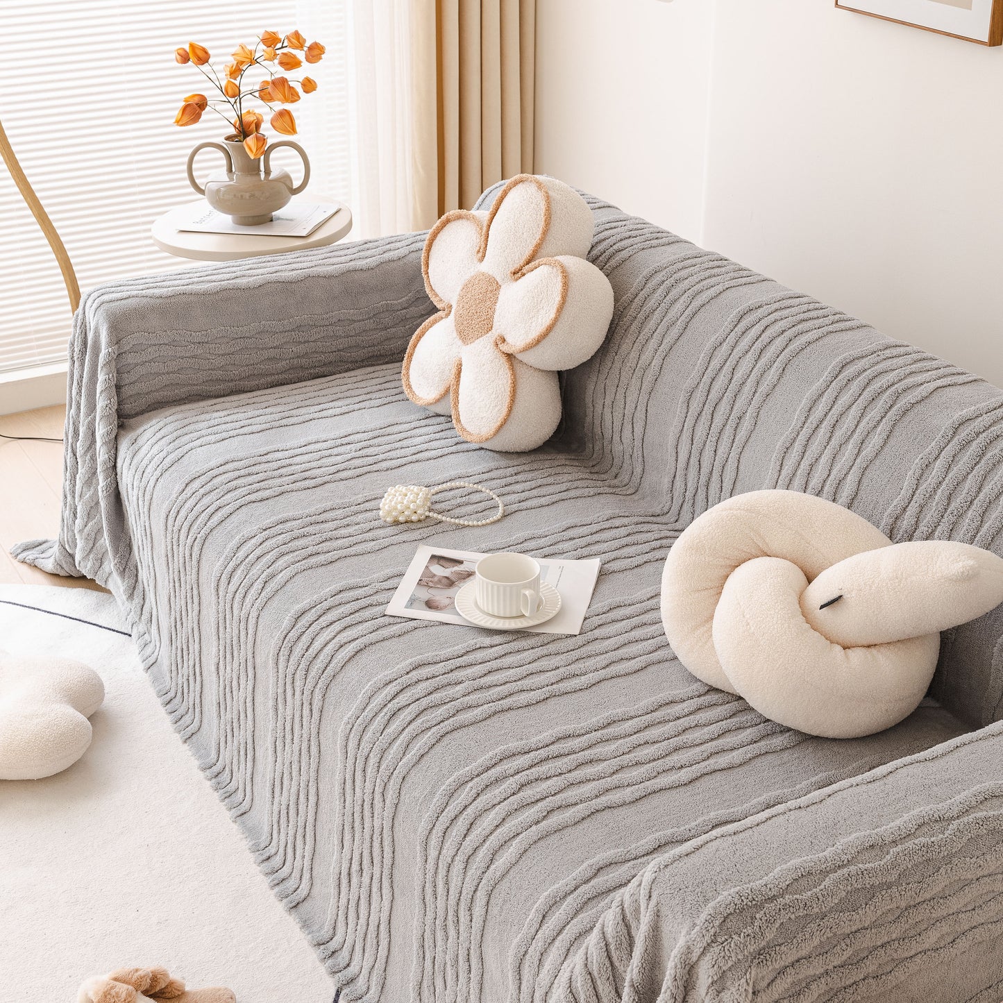 Modern 3D Water Ripple Sofa Cover, Non-Shedding Cream Style Furniture Protector Throw