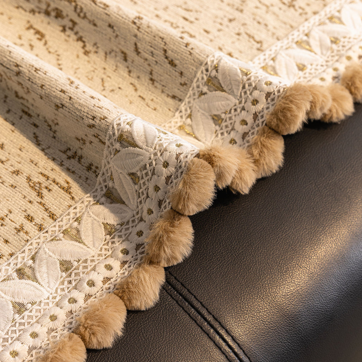 Luxury Elegant Chenille Sofa Throw Cover with Floral Embroidered Lace & Pom-Pom Trim