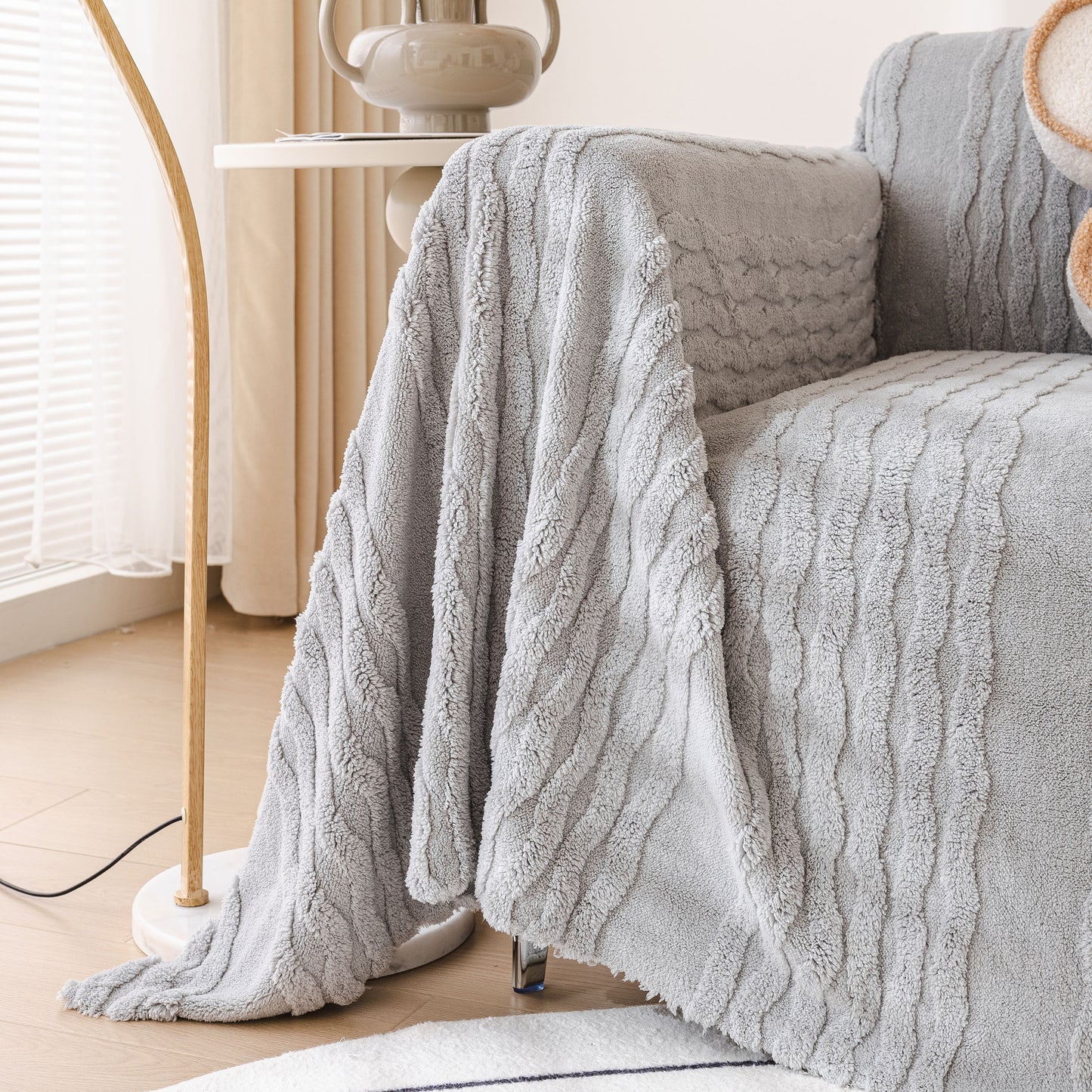 Modern 3D Water Ripple Sofa Cover, Non-Shedding Cream Style Furniture Protector Throw