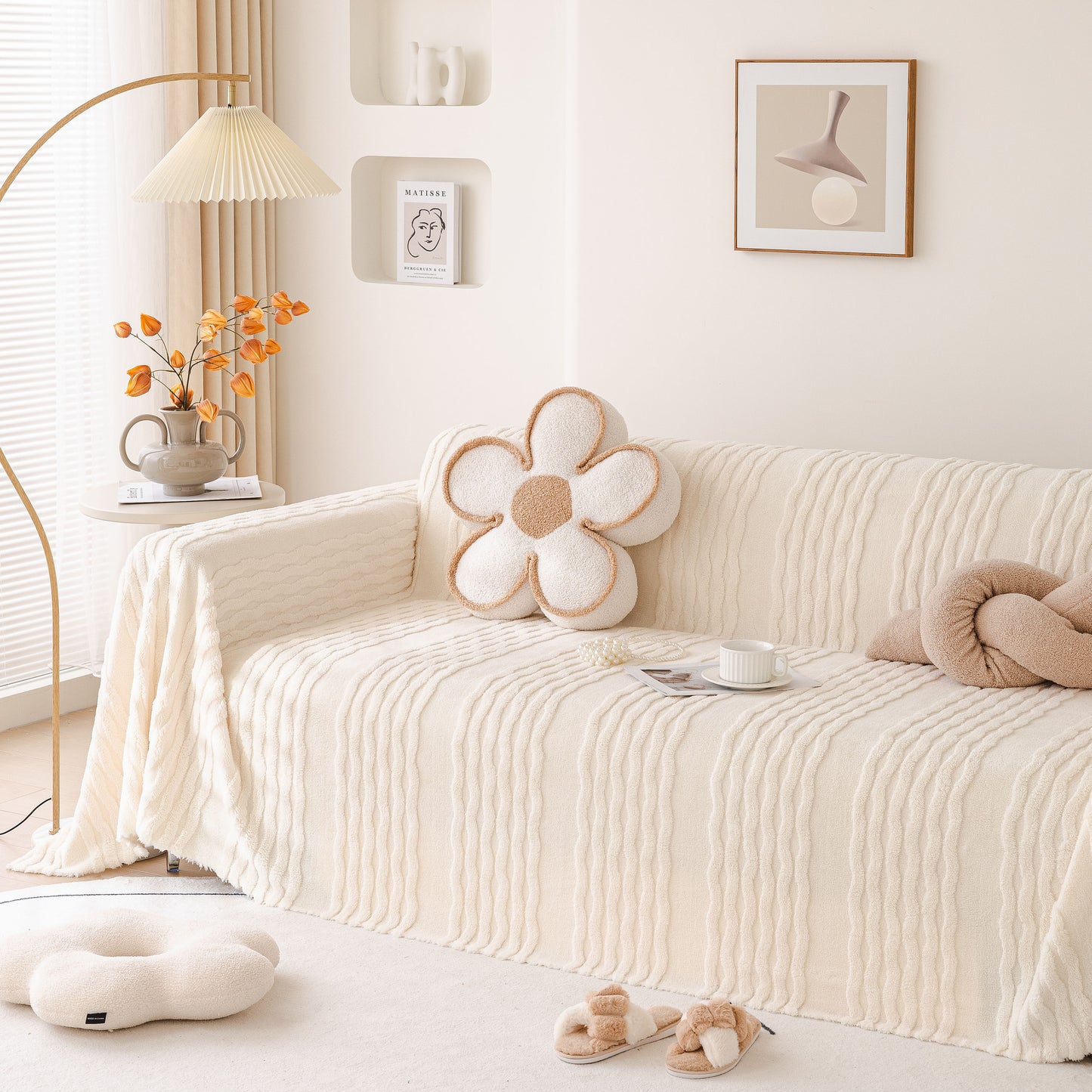 Modern 3D Water Ripple Sofa Cover, Non-Shedding Cream Style Furniture Protector Throw