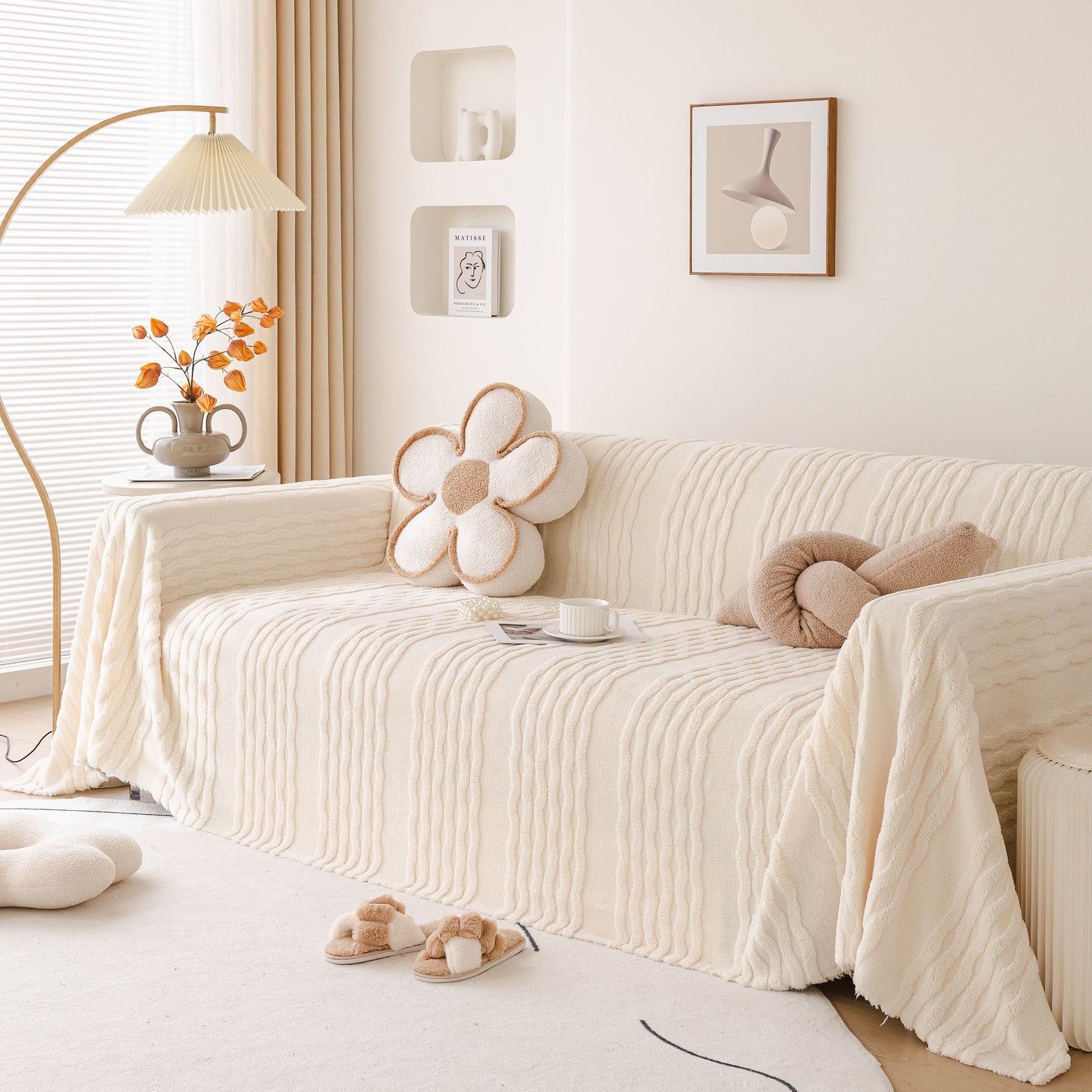 Modern 3D Water Ripple Sofa Cover, Non-Shedding Cream Style Furniture Protector Throw