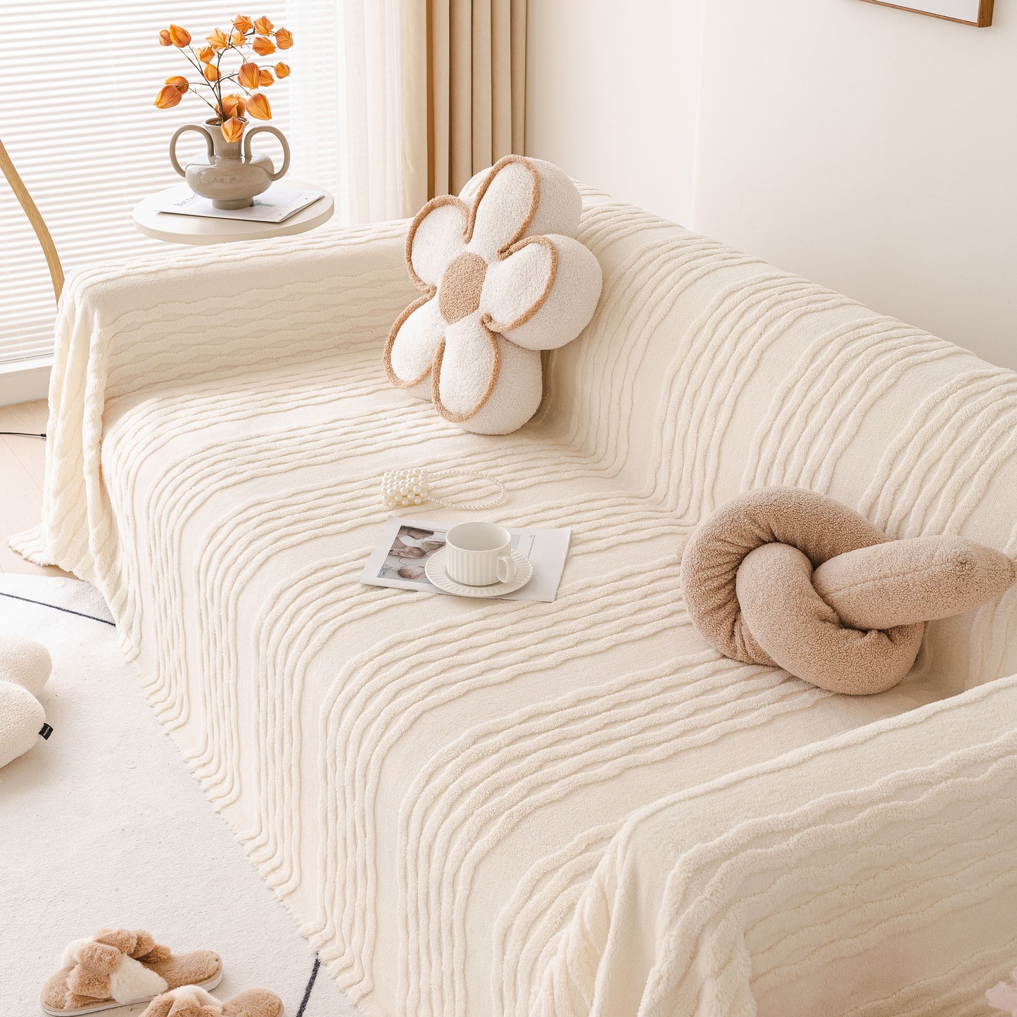 Modern 3D Water Ripple Sofa Cover, Non-Shedding Cream Style Furniture Protector Throw