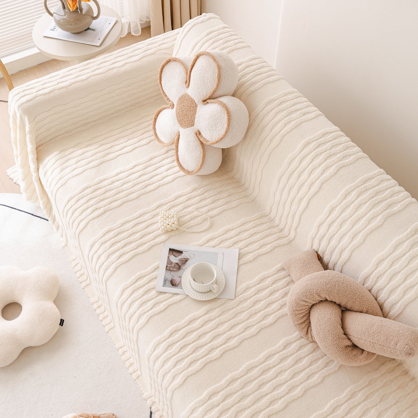 Modern 3D Water Ripple Sofa Cover, Non-Shedding Cream Style Furniture Protector Throw