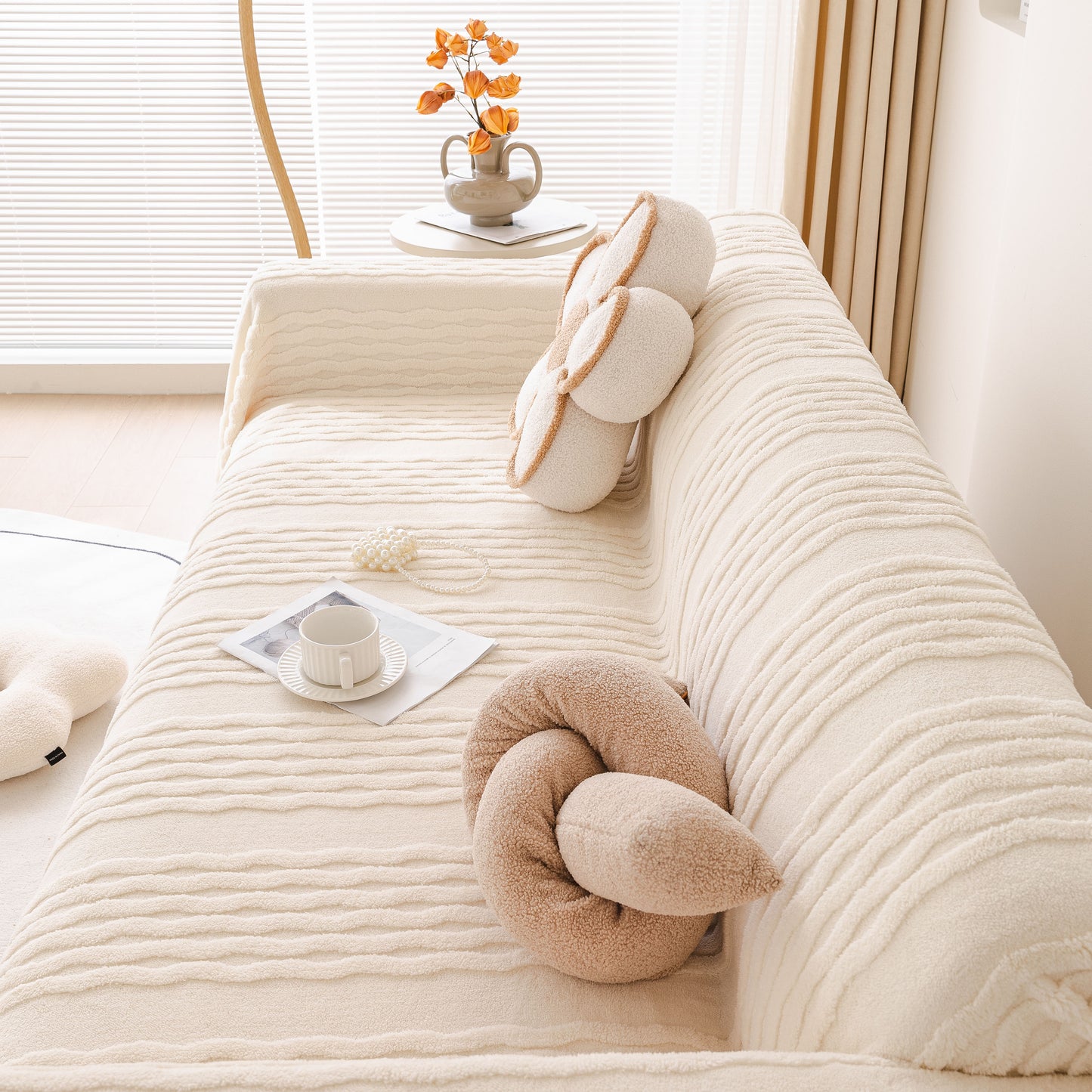 Modern 3D Water Ripple Sofa Cover, Non-Shedding Cream Style Furniture Protector Throw