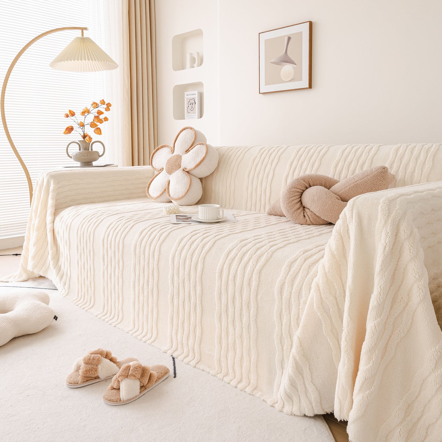 Modern 3D Water Ripple Sofa Cover, Non-Shedding Cream Style Furniture Protector Throw