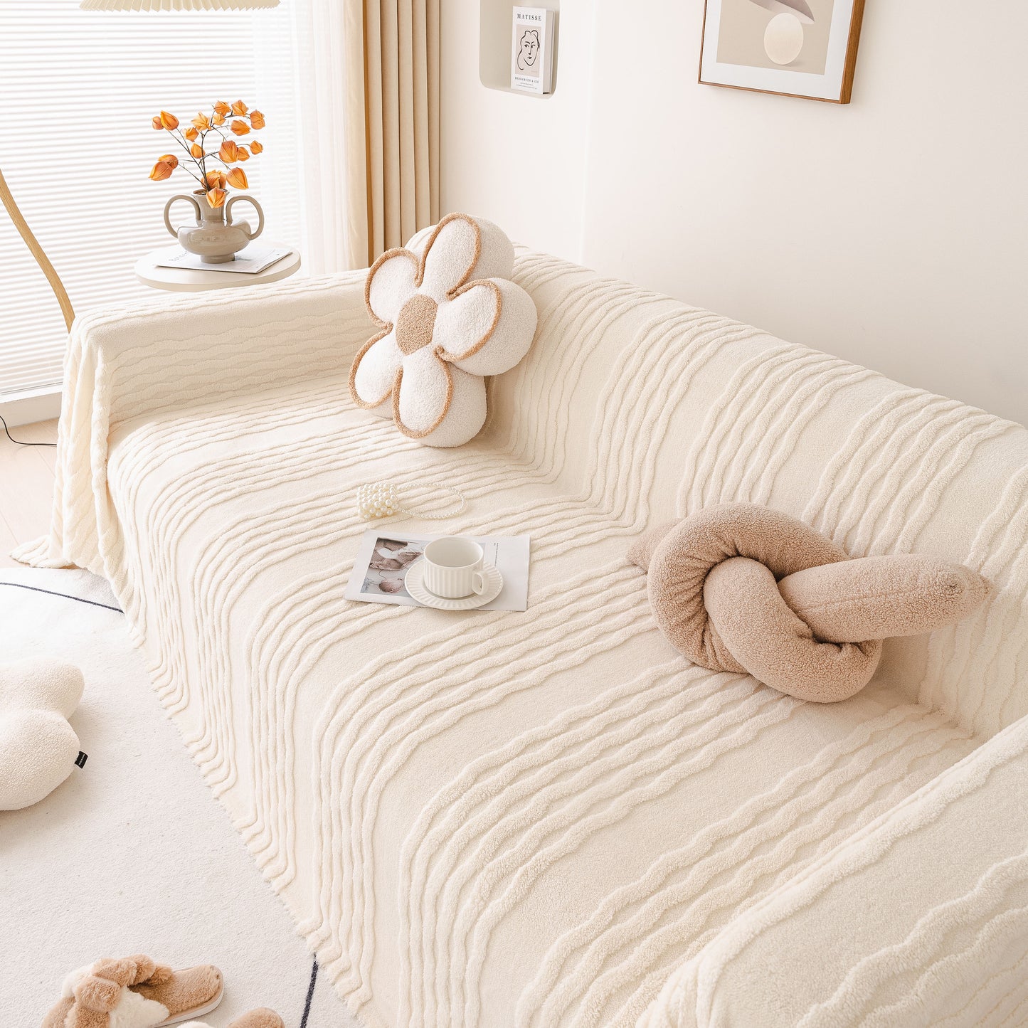 Modern 3D Water Ripple Sofa Cover, Non-Shedding Cream Style Furniture Protector Throw