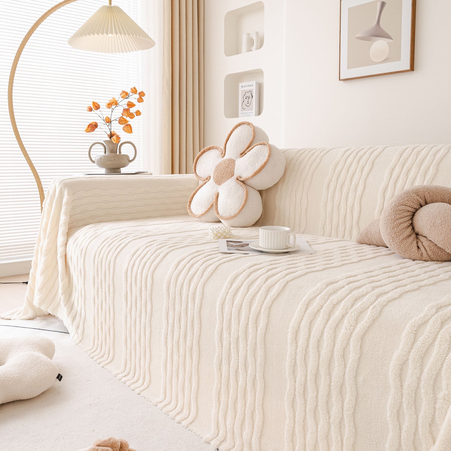 Modern 3D Water Ripple Sofa Cover, Non-Shedding Cream Style Furniture Protector Throw