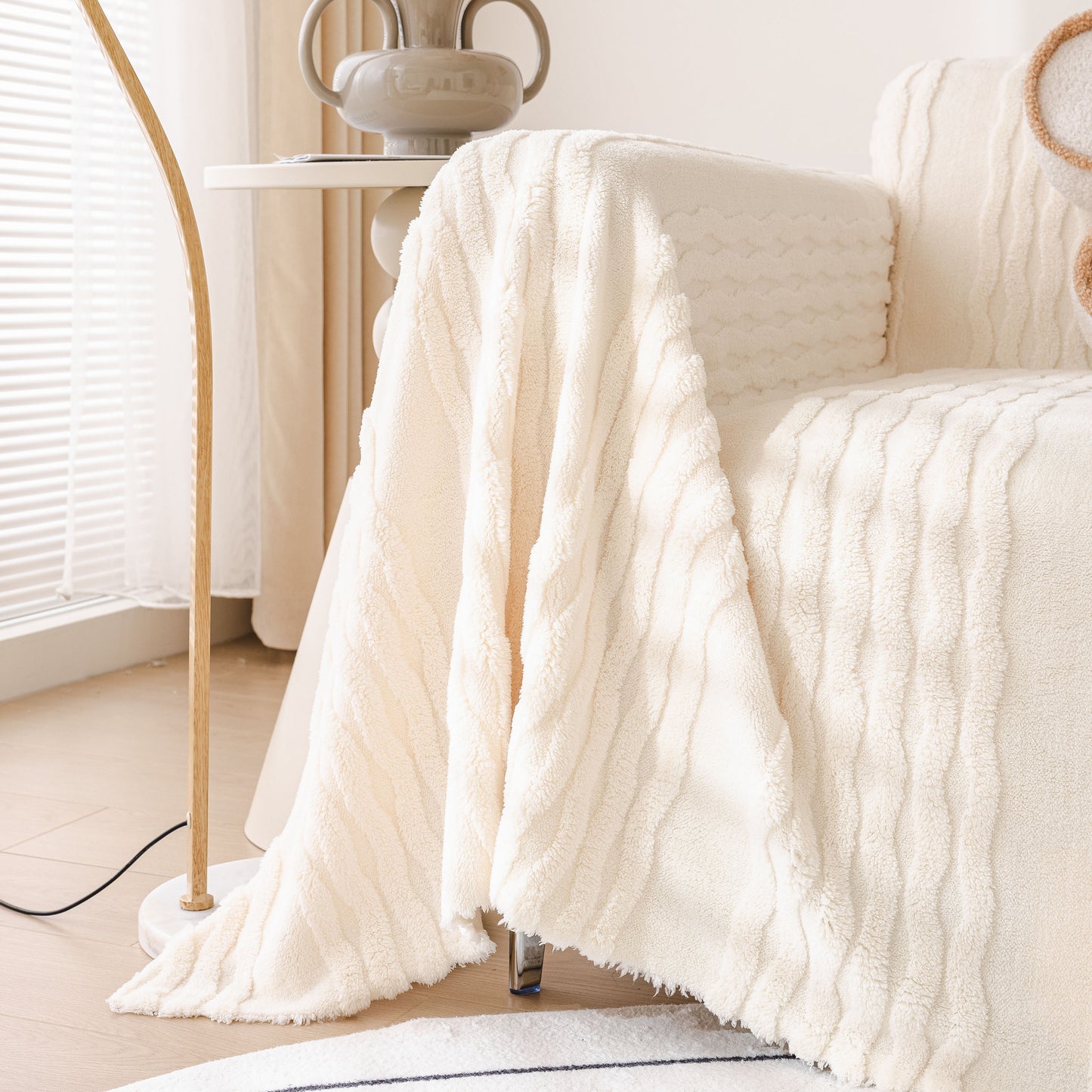 Modern 3D Water Ripple Sofa Cover, Non-Shedding Cream Style Furniture Protector Throw