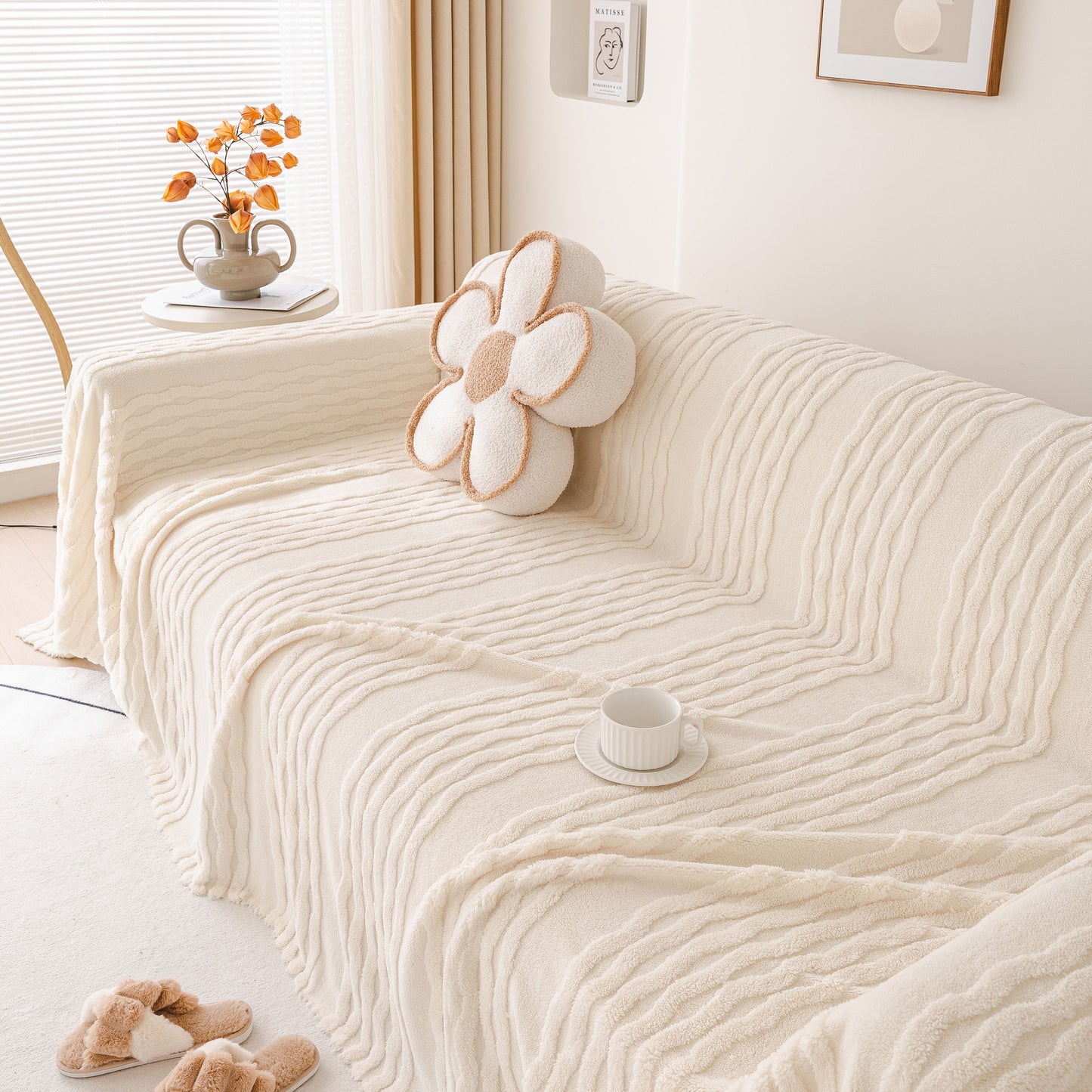 Modern 3D Water Ripple Sofa Cover, Non-Shedding Cream Style Furniture Protector Throw