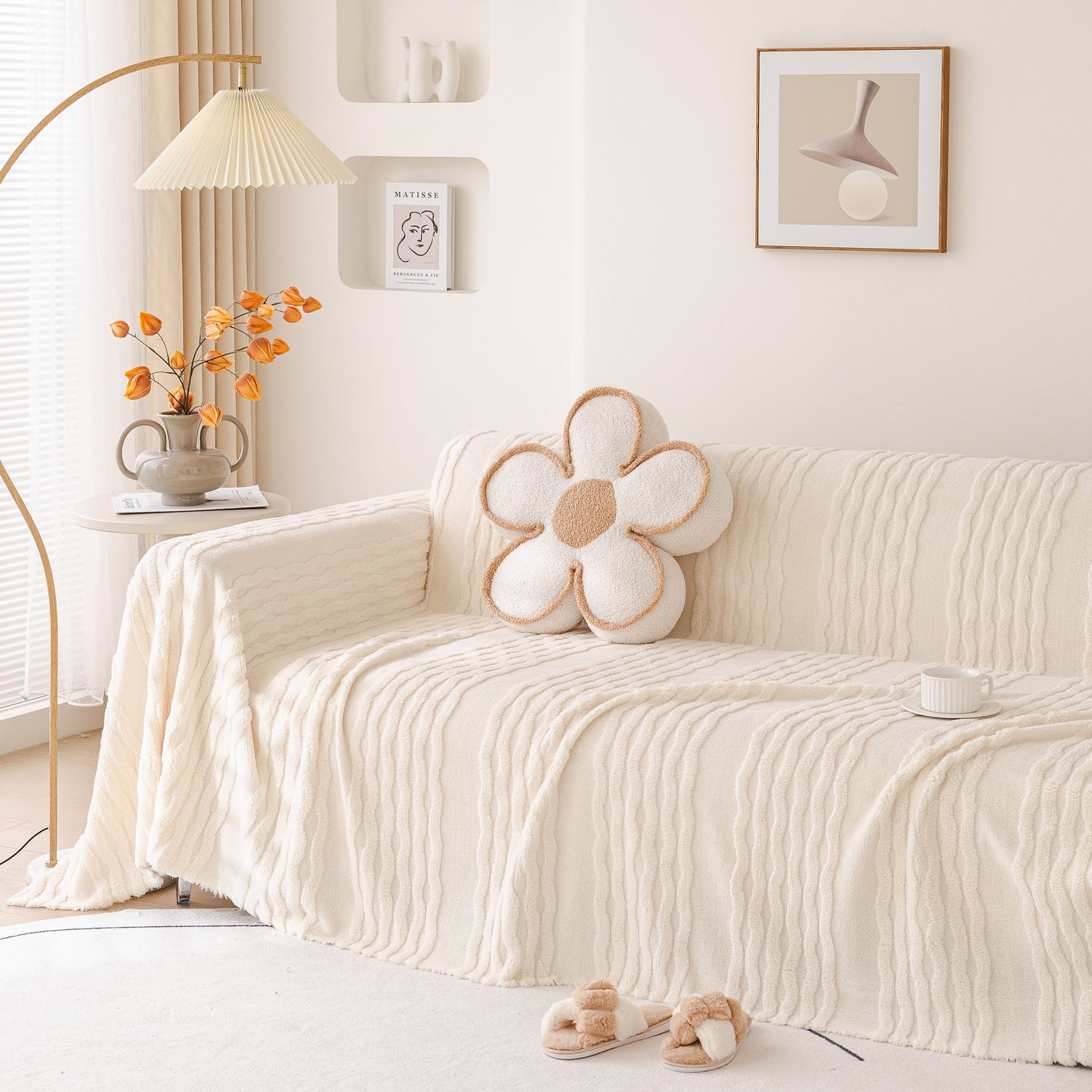 Modern 3D Water Ripple Sofa Cover, Non-Shedding Cream Style Furniture Protector Throw