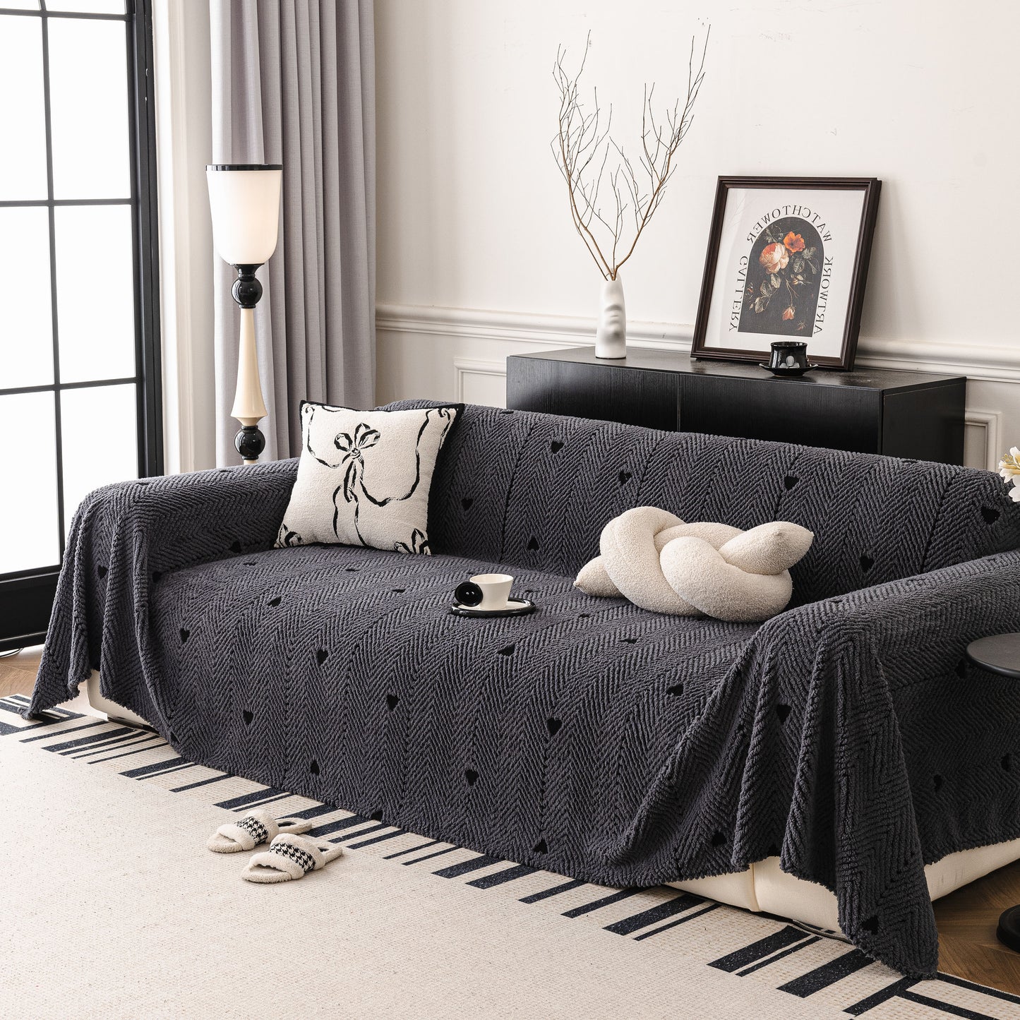 Thick Plush Sofa Cover Throw for Couch, 3D Textured Herringbone Washable Slipcover