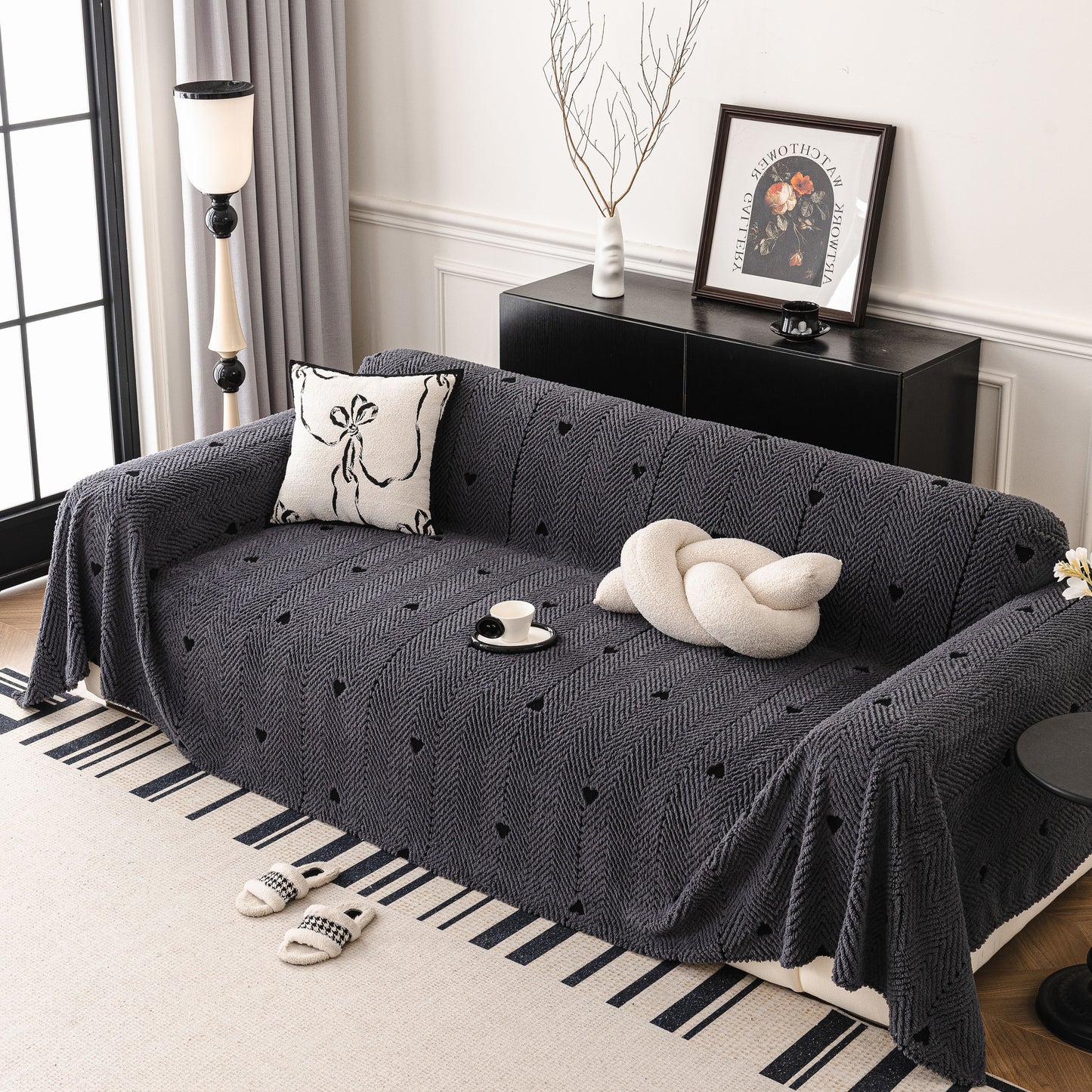 Thick Plush Sofa Cover Throw for Couch, 3D Textured Herringbone Washable Slipcover