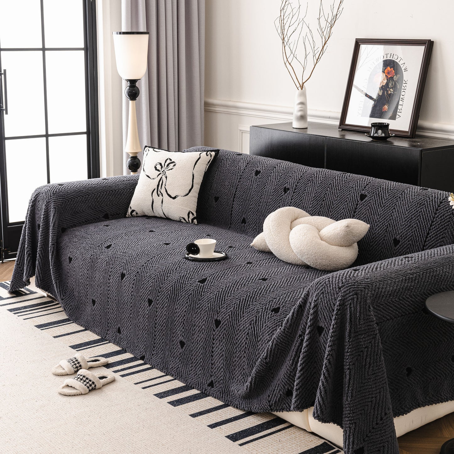 Thick Plush Sofa Cover Throw for Couch, 3D Textured Herringbone Washable Slipcover