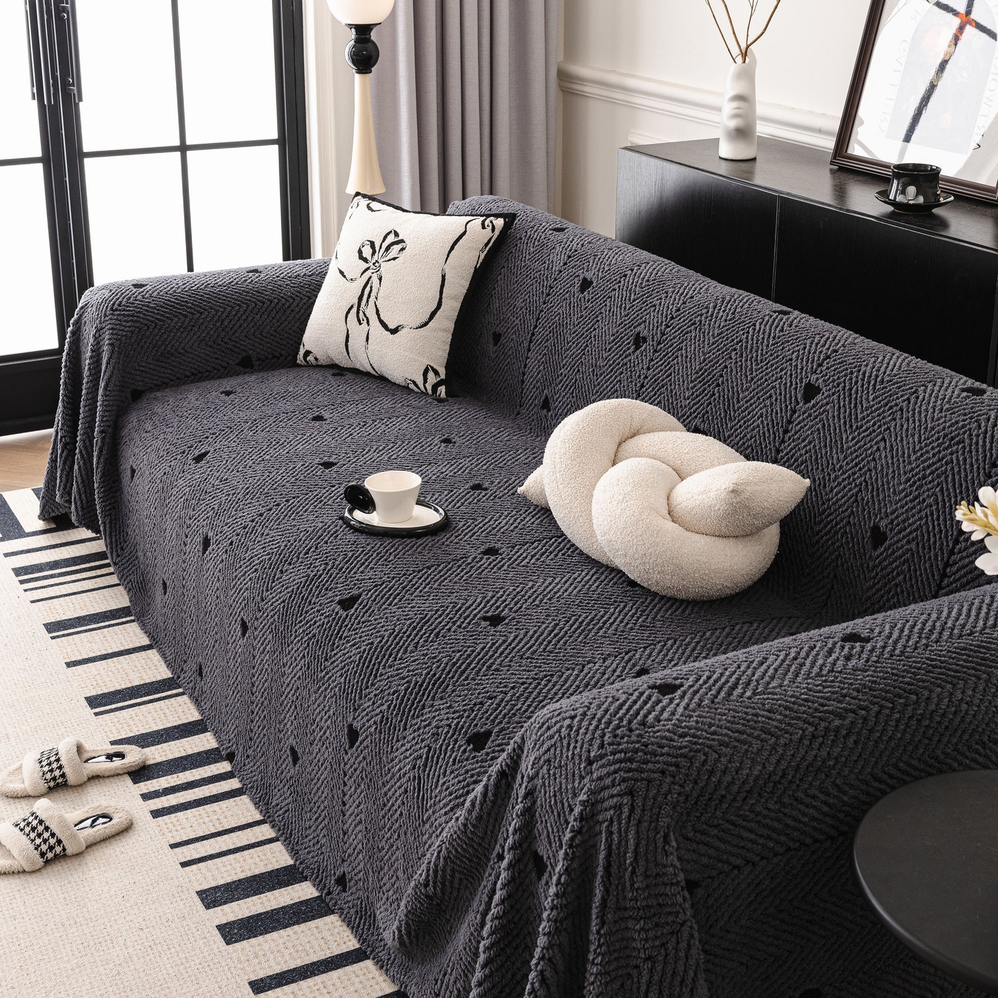 Thick Plush Sofa Cover Throw for Couch, 3D Textured Herringbone Washable Slipcover