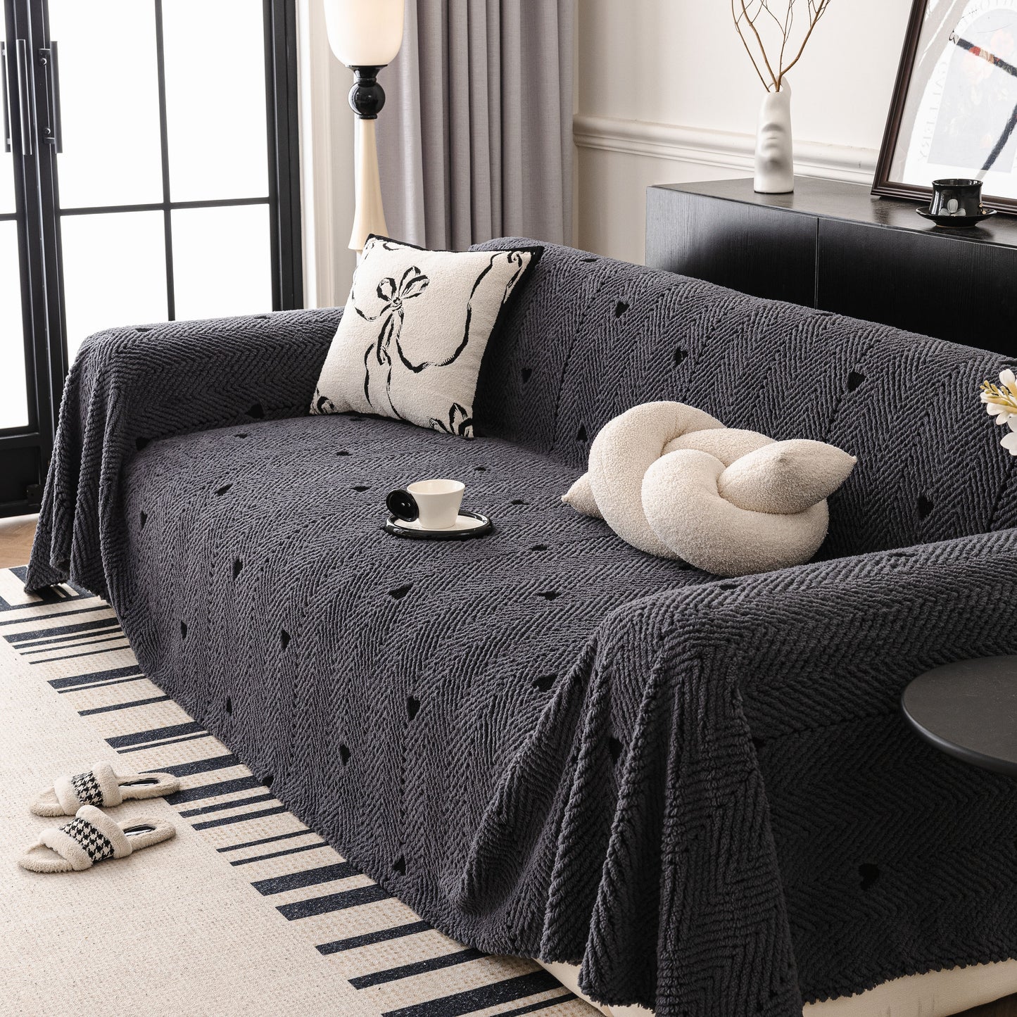 Thick Plush Sofa Cover Throw for Couch, 3D Textured Herringbone Washable Slipcover