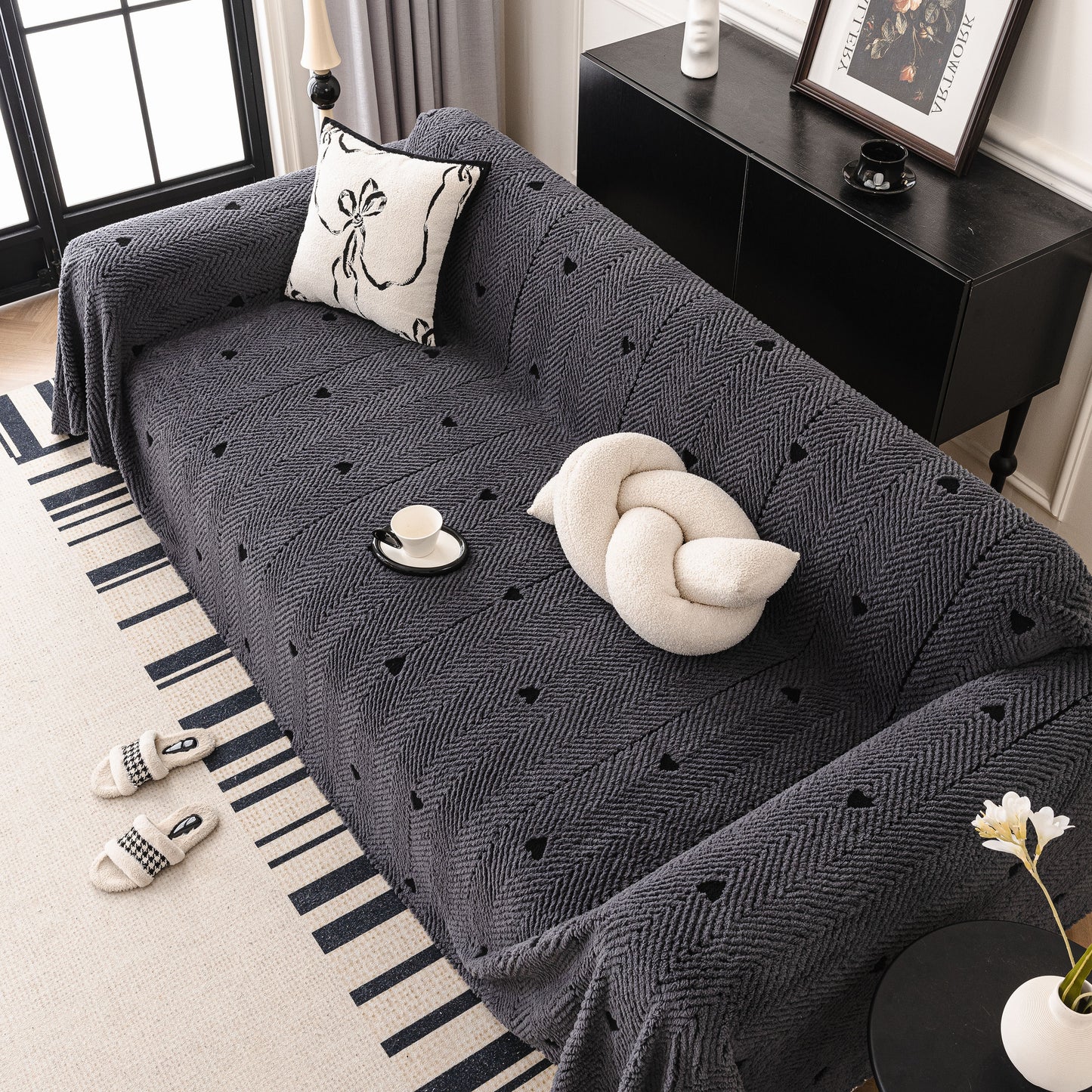 Thick Plush Sofa Cover Throw for Couch, 3D Textured Herringbone Washable Slipcover