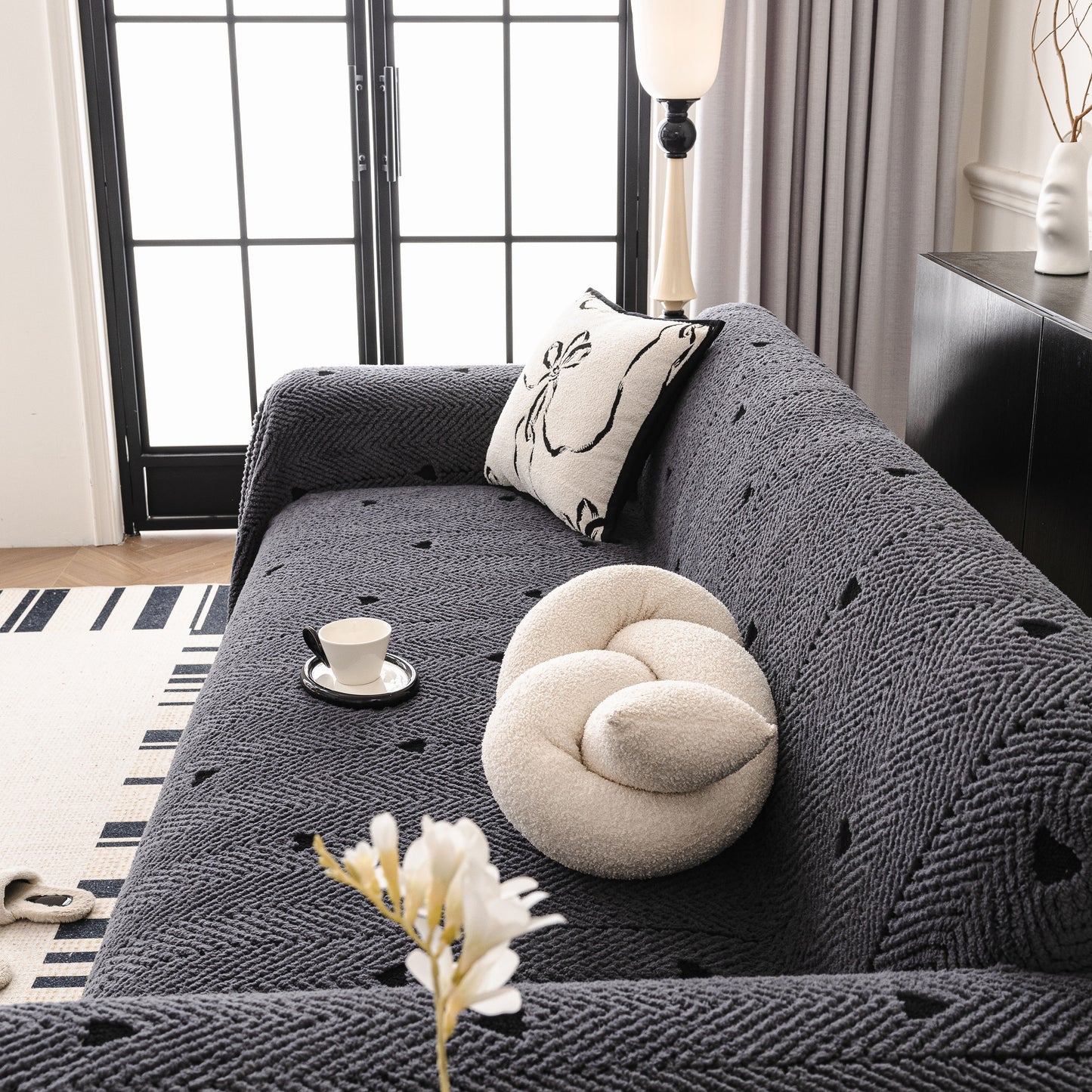 Thick Plush Sofa Cover Throw for Couch, 3D Textured Herringbone Washable Slipcover