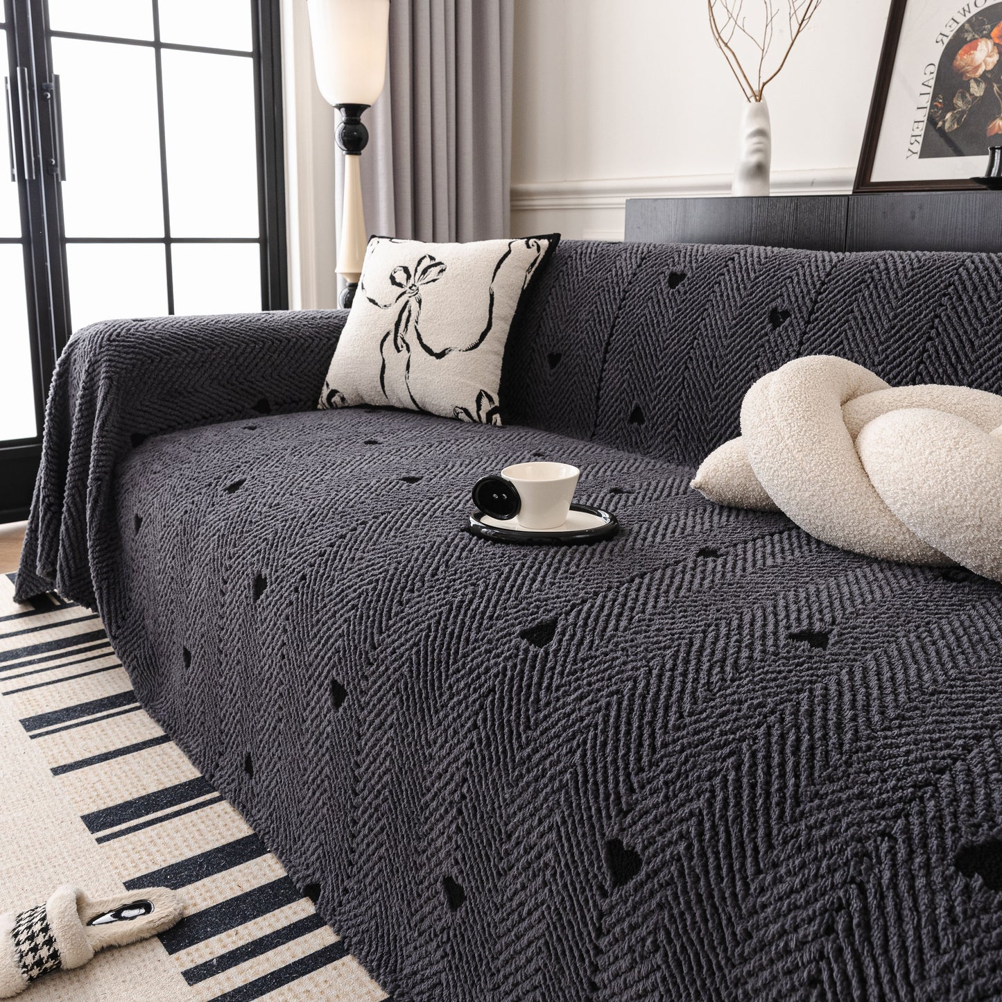 Thick Plush Sofa Cover Throw for Couch, 3D Textured Herringbone Washable Slipcover