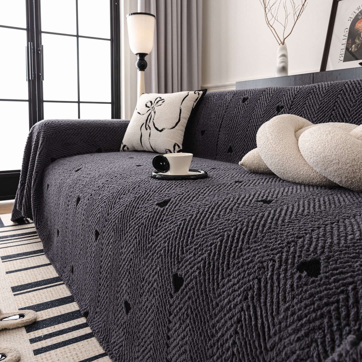 Thick Plush Sofa Cover Throw for Couch, 3D Textured Herringbone Washable Slipcover