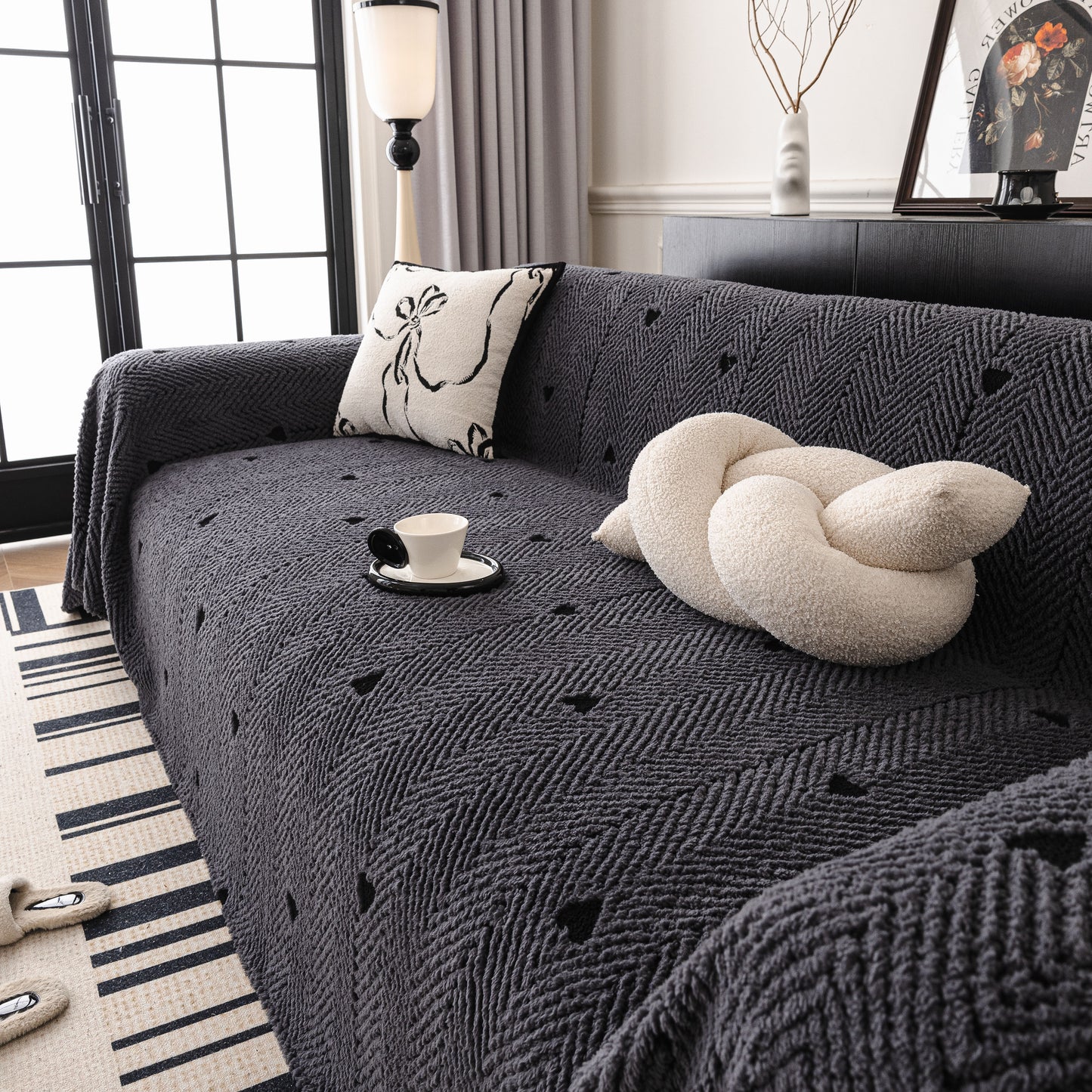 Thick Plush Sofa Cover Throw for Couch, 3D Textured Herringbone Washable Slipcover