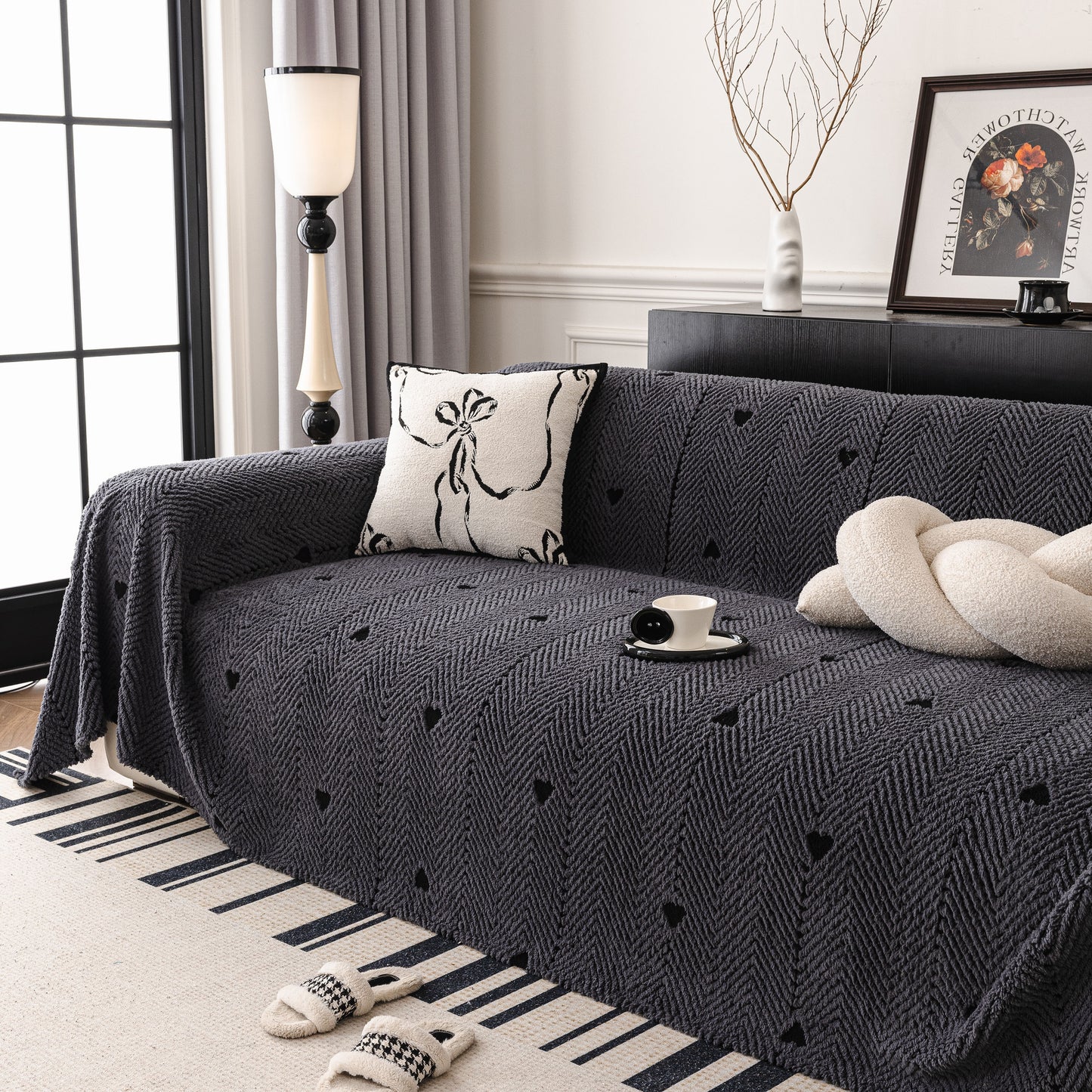 Thick Plush Sofa Cover Throw for Couch, 3D Textured Herringbone Washable Slipcover