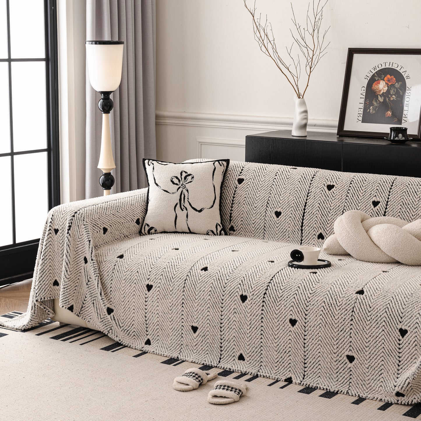 Thick Plush Sofa Cover Throw for Couch, 3D Textured Herringbone Washable Slipcover