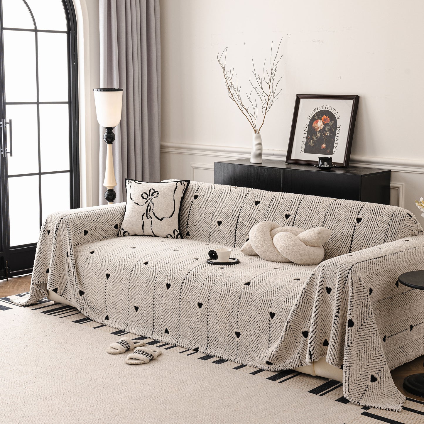 Thick Plush Sofa Cover Throw for Couch, 3D Textured Herringbone Washable Slipcover