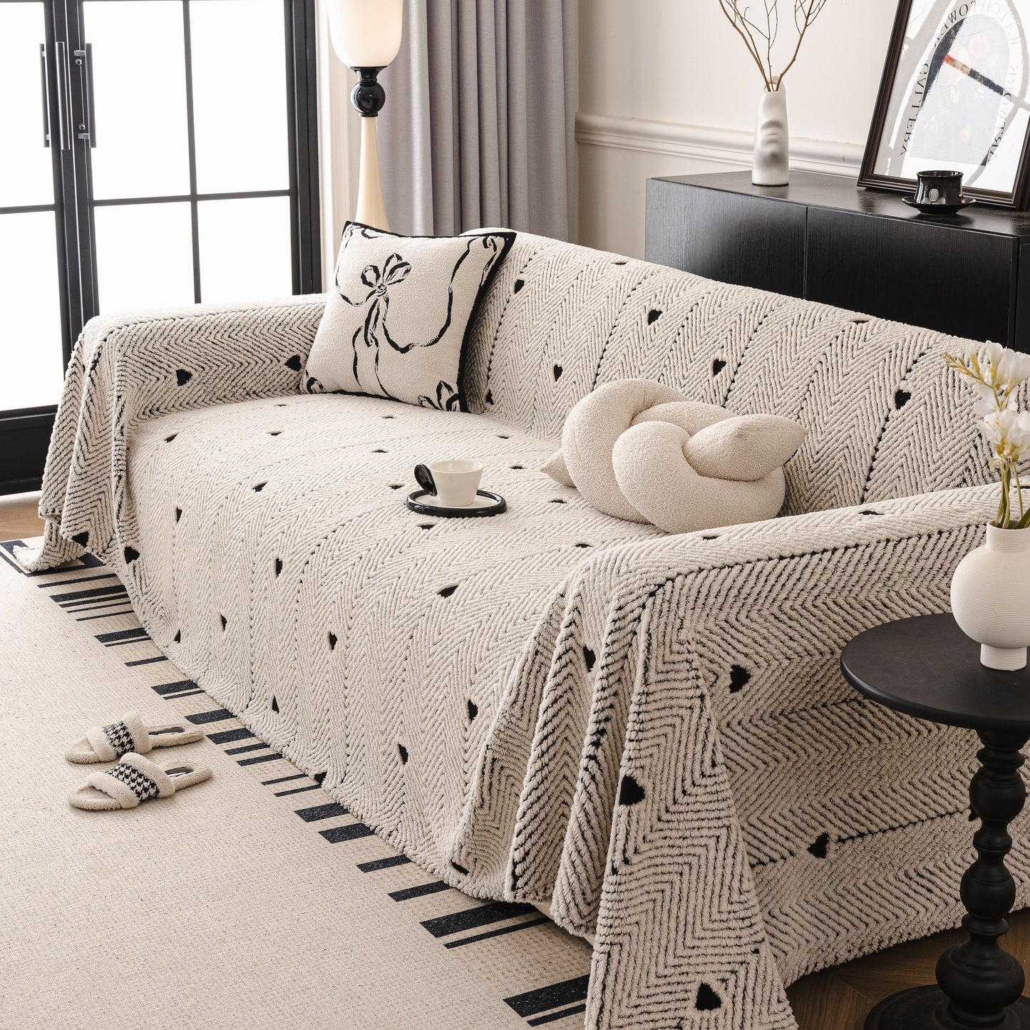 Thick Plush Sofa Cover Throw for Couch, 3D Textured Herringbone Washable Slipcover