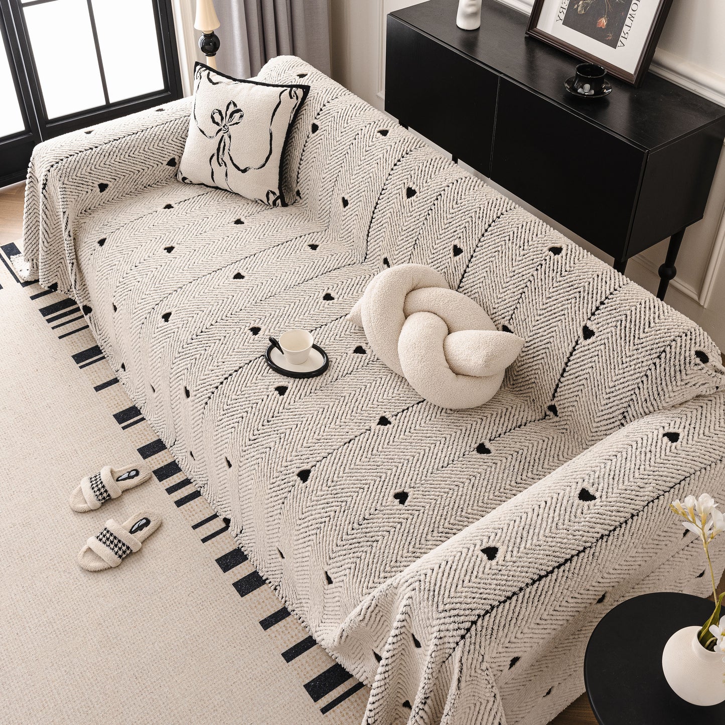 Thick Plush Sofa Cover Throw for Couch, 3D Textured Herringbone Washable Slipcover