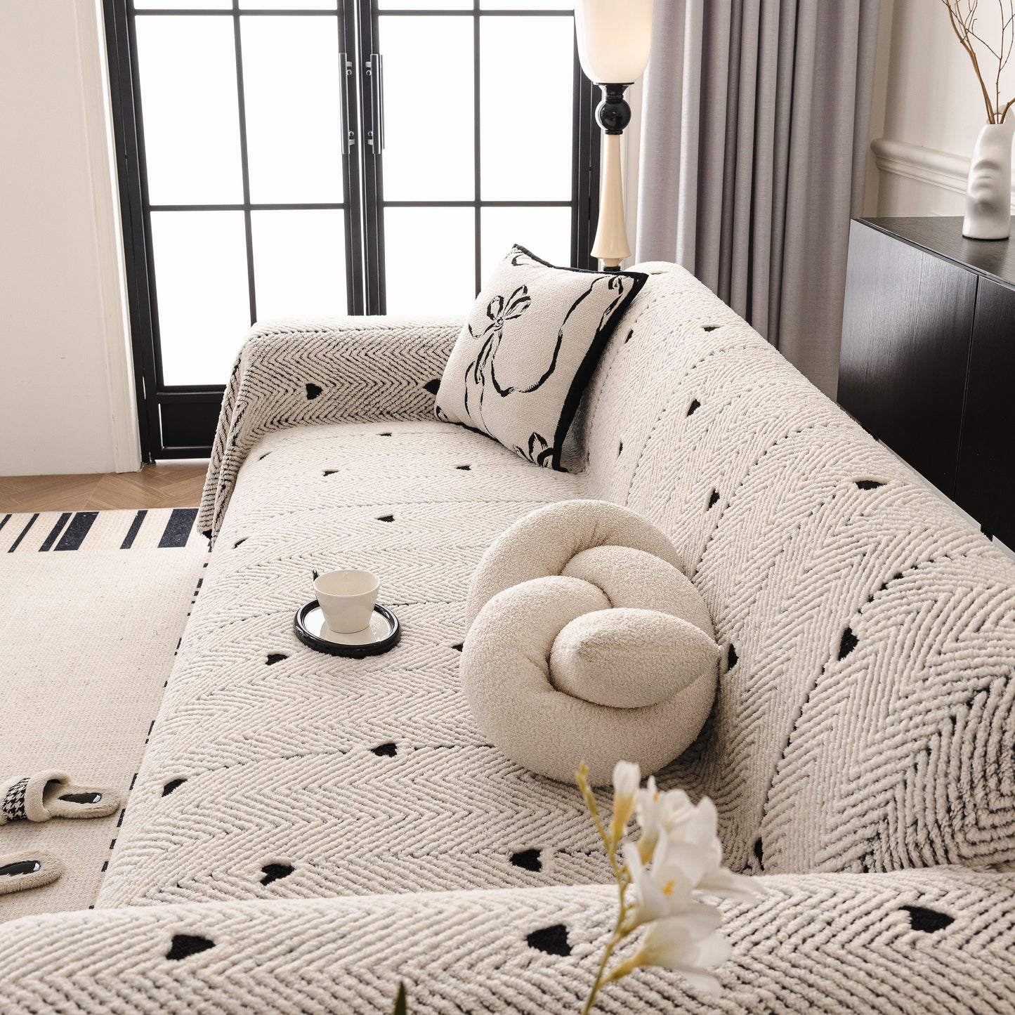 Thick Plush Sofa Cover Throw for Couch, 3D Textured Herringbone Washable Slipcover