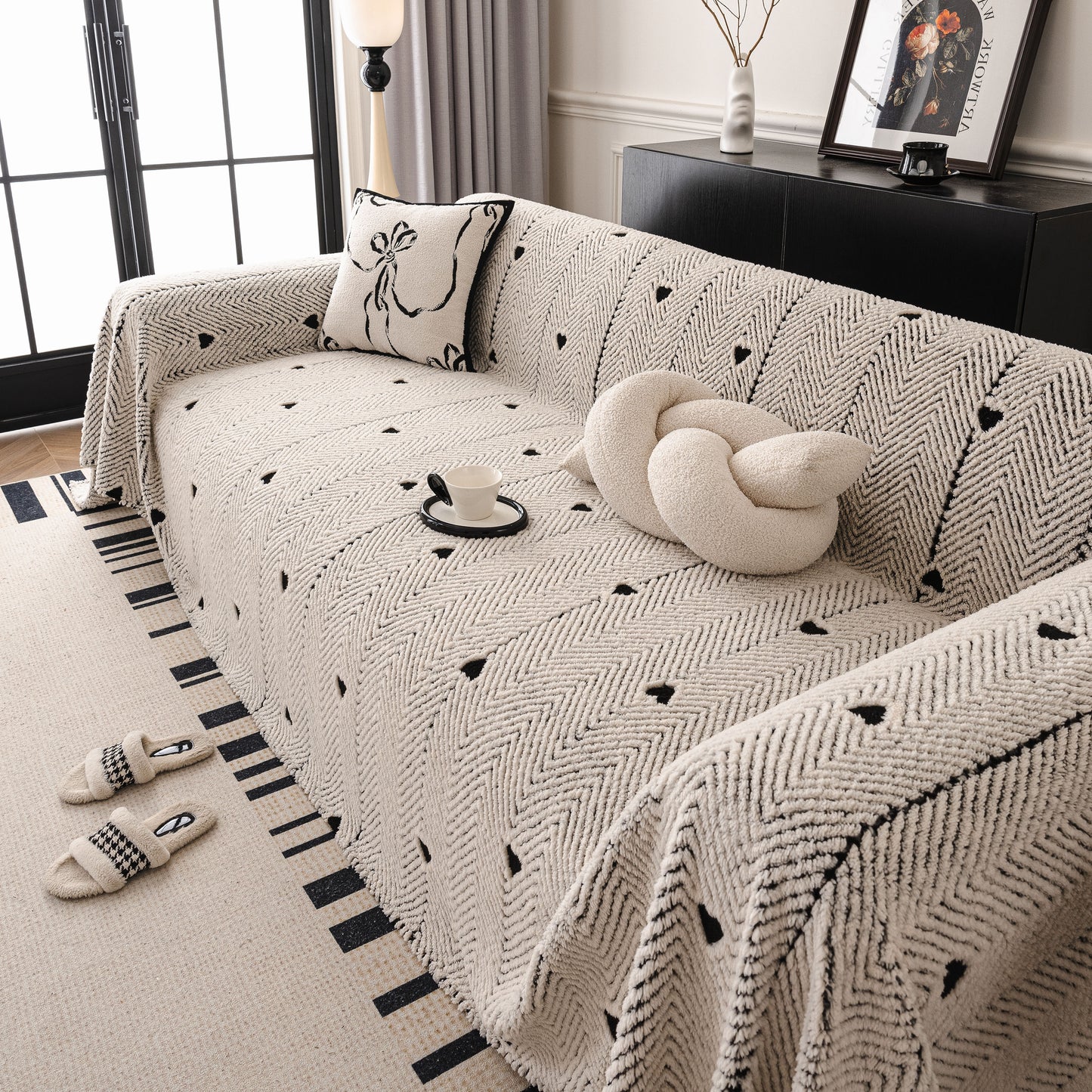 Thick Plush Sofa Cover Throw for Couch, 3D Textured Herringbone Washable Slipcover