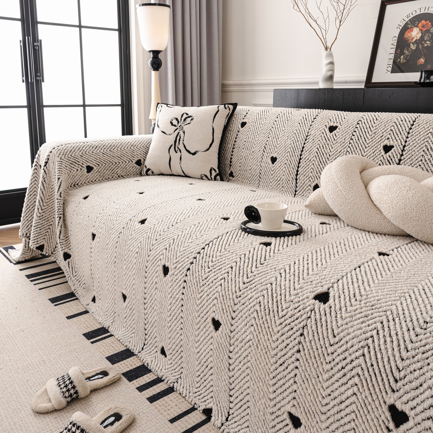 Thick Plush Sofa Cover Throw for Couch, 3D Textured Herringbone Washable Slipcover