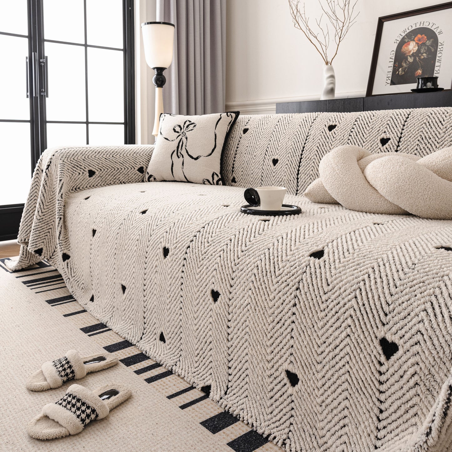 Thick Plush Sofa Cover Throw for Couch, 3D Textured Herringbone Washable Slipcover