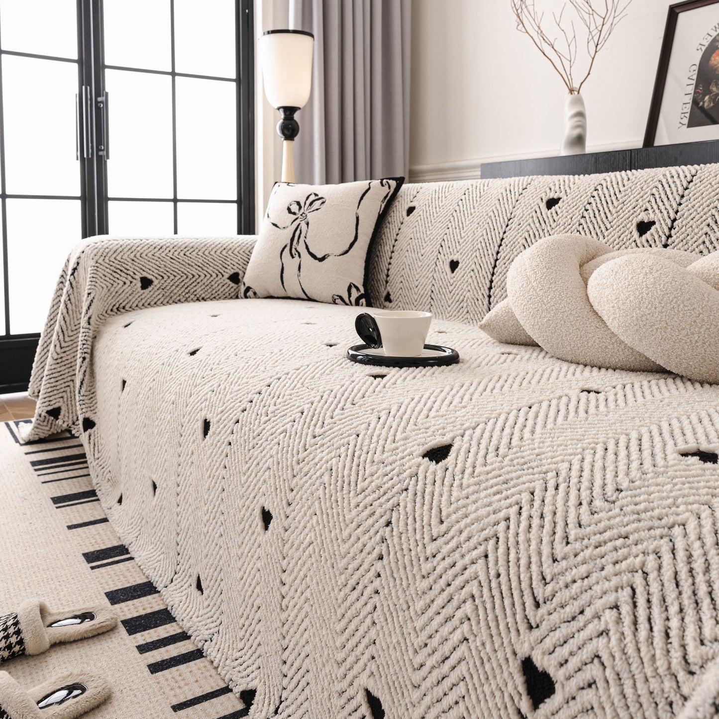 Thick Plush Sofa Cover Throw for Couch, 3D Textured Herringbone Washable Slipcover