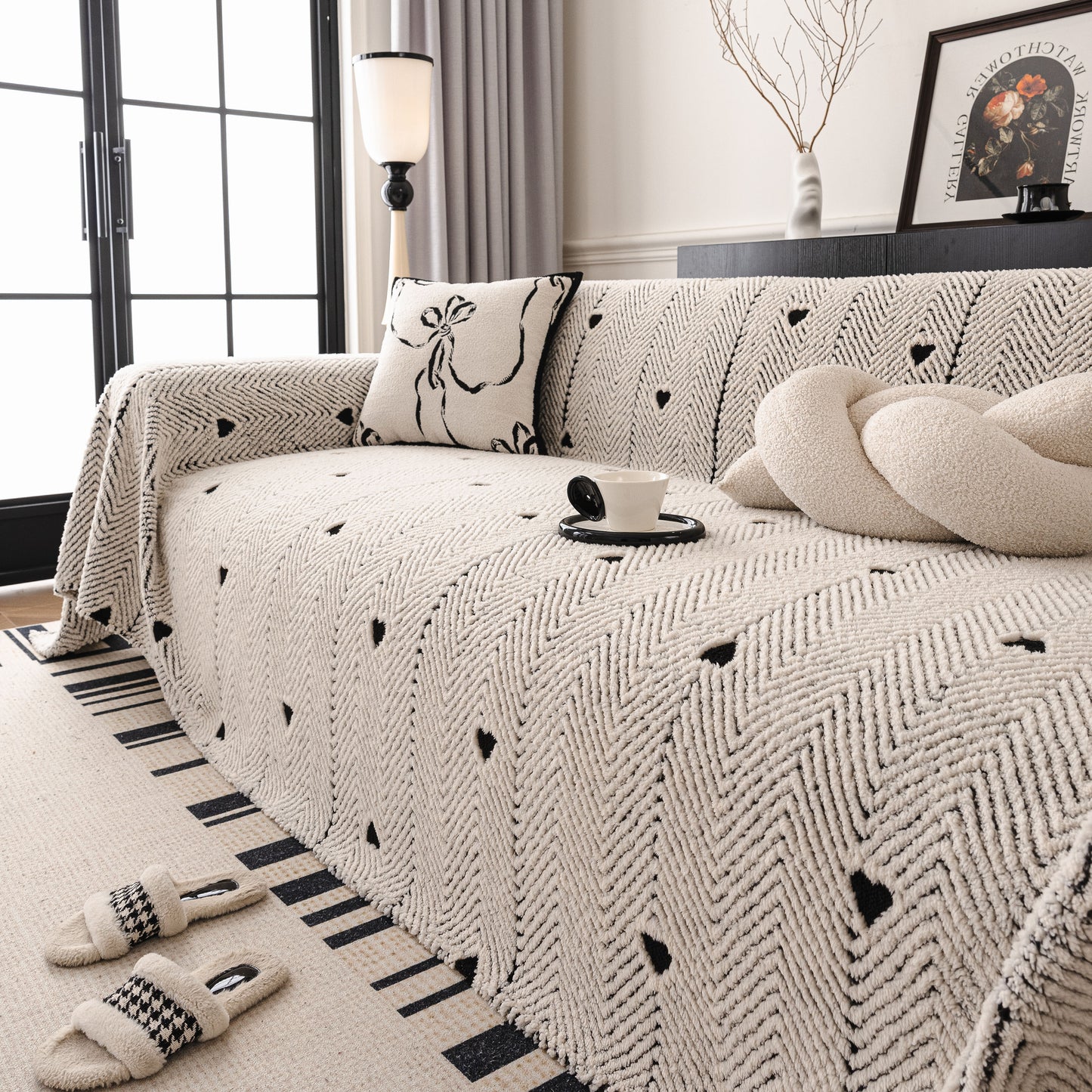 Thick Plush Sofa Cover Throw for Couch, 3D Textured Herringbone Washable Slipcover