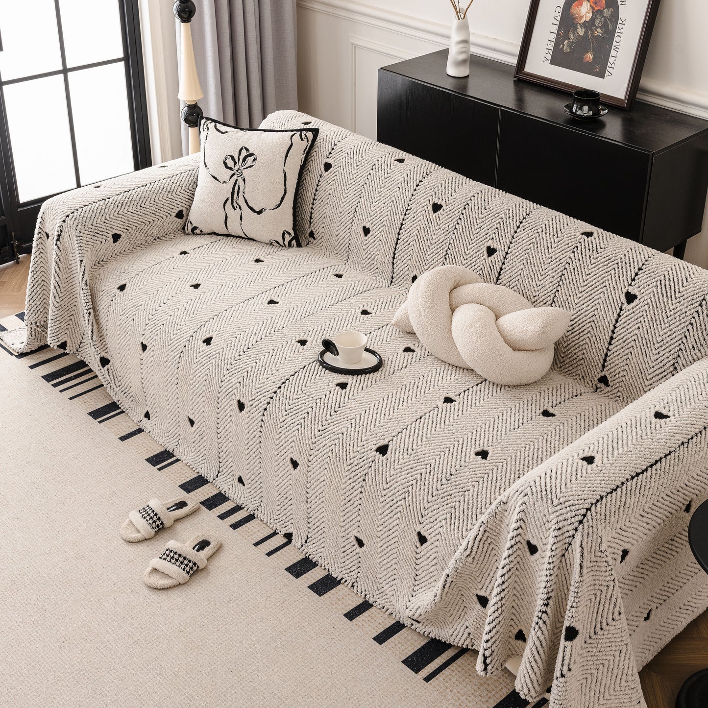 Thick Plush Sofa Cover Throw for Couch, 3D Textured Herringbone Washable Slipcover