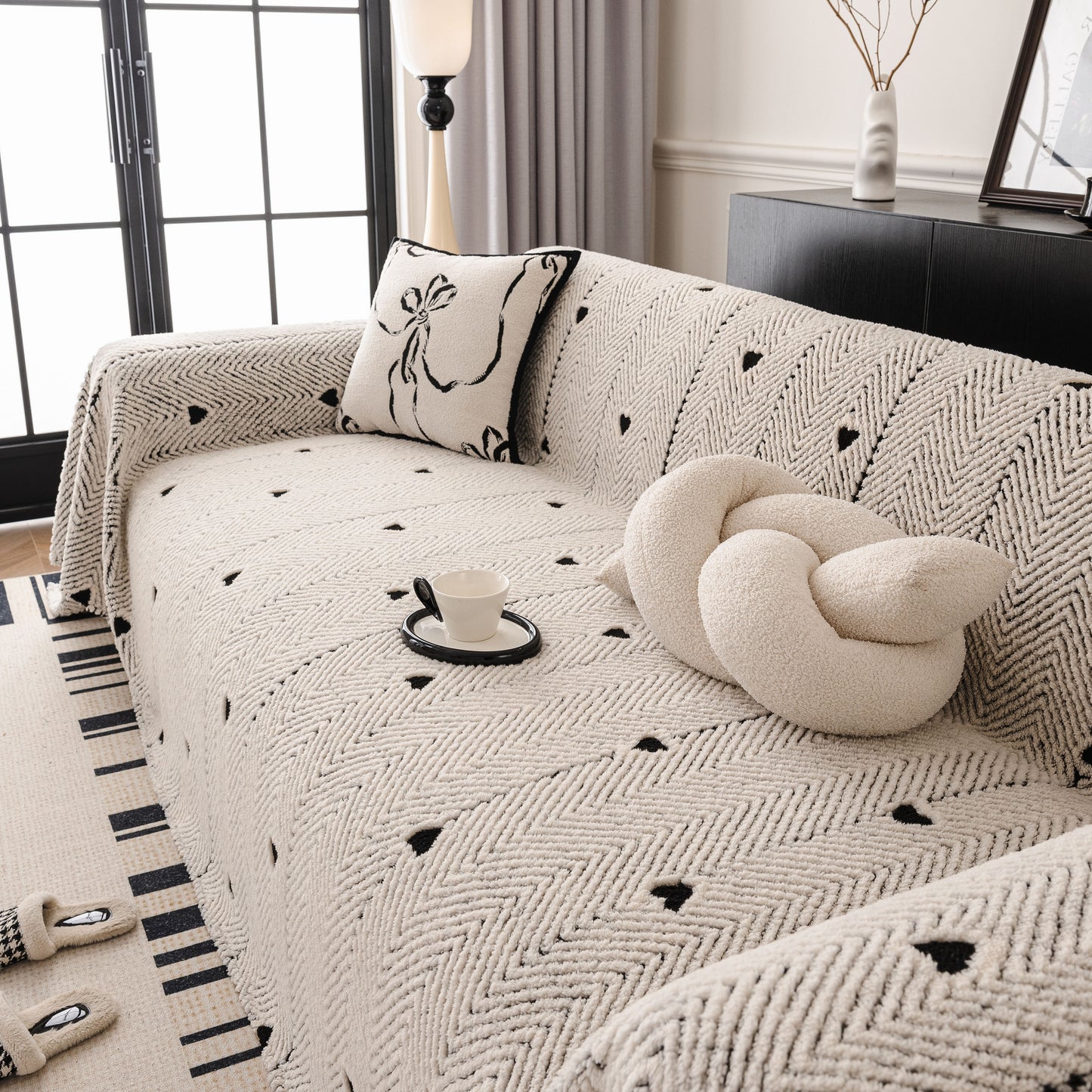 Thick Plush Sofa Cover Throw for Couch, 3D Textured Herringbone Washable Slipcover