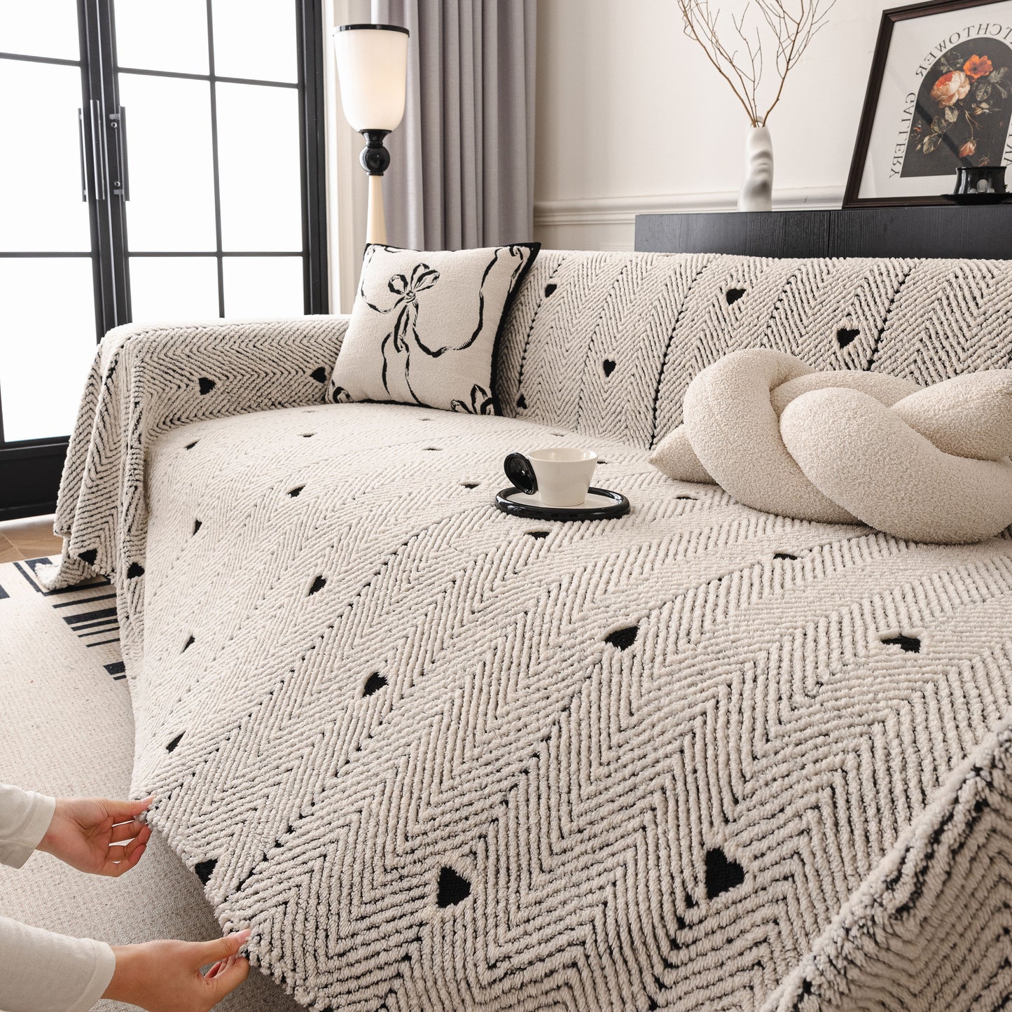 Thick Plush Sofa Cover Throw for Couch, 3D Textured Herringbone Washable Slipcover