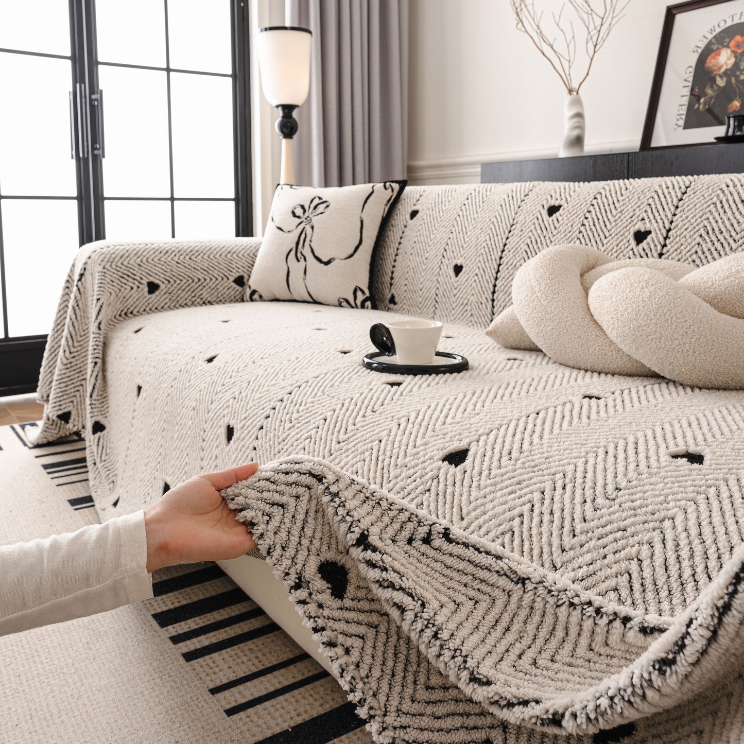 Thick Plush Sofa Cover Throw for Couch, 3D Textured Herringbone Washable Slipcover