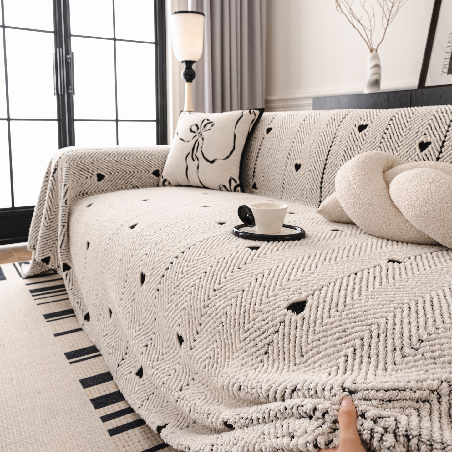 Thick Plush Sofa Cover Throw for Couch, 3D Textured Herringbone Washable Slipcover