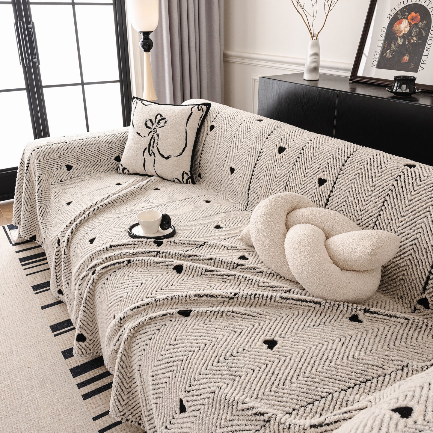 Thick Plush Sofa Cover Throw for Couch, 3D Textured Herringbone Washable Slipcover
