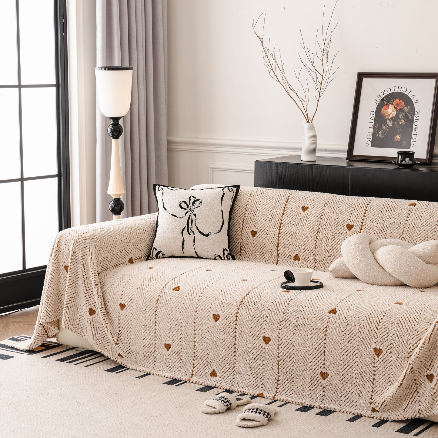 Thick Plush Sofa Cover Throw for Couch, 3D Textured Herringbone Washable Slipcover